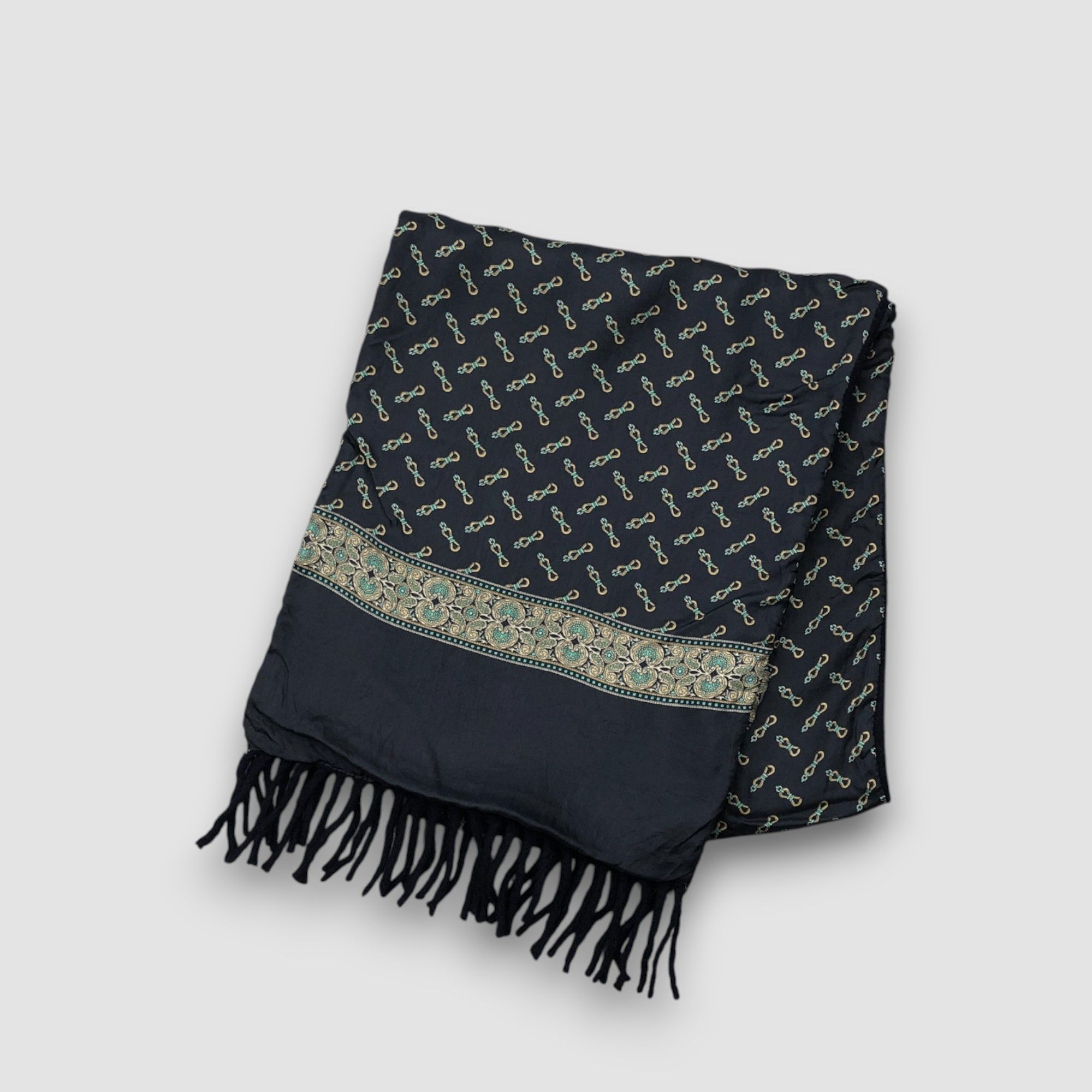 Japanese Brand Vintage Silk Fringe Scarf Muffler Wool Cashmere Scarves Size ONE SIZE - 3 Thumbnail