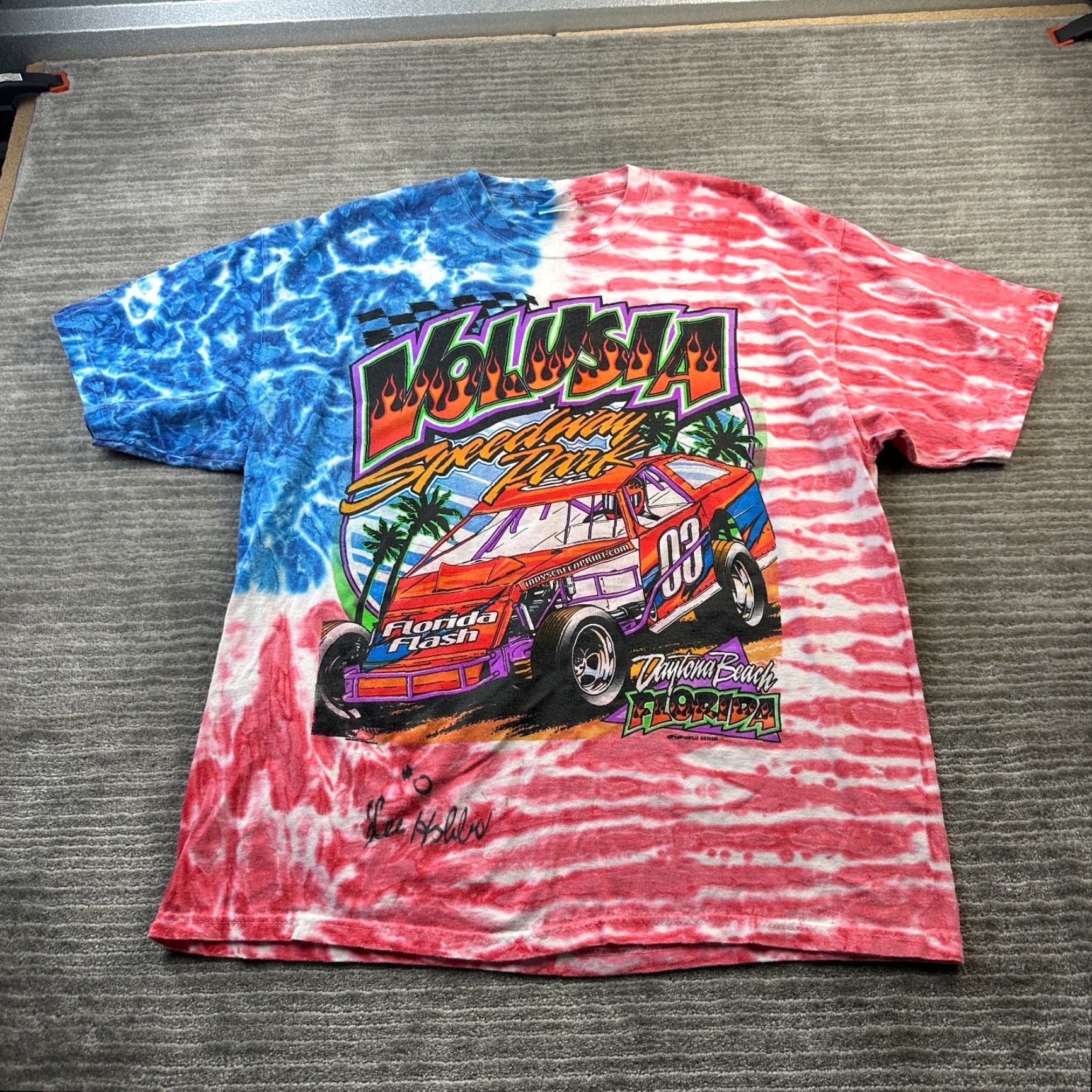 Fruit Of The Loom VINTAGE Fruit of the Loom Racing Shirt Mens XL Orange All Over Print Graphic Tie Dye T-Shirt Cars Grunge 90s Mens Size US XL / EU 56 / 4 - 2 Thumbnail