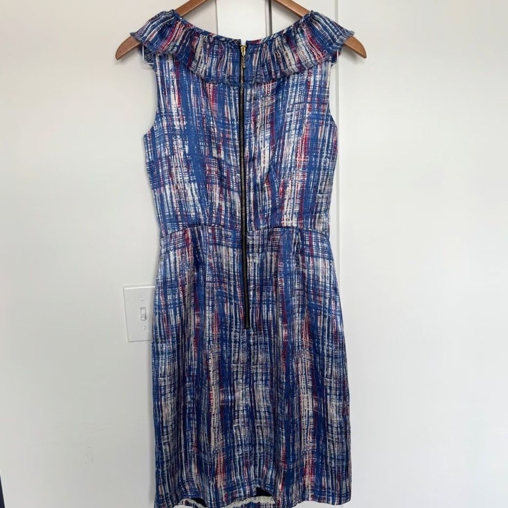 Vintage kate spade new york 100% silk ruffle dress abstract blue red plaid pattern Sz 2 dress midi women Size XS / US 0-2 / IT 36-38 - 4 Thumbnail