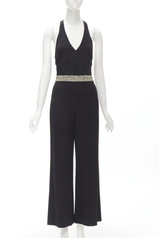Alice + Olivia ALICE OLIVIA silver crystal bead embellished halter backless jumpsuit S Size 27" / US 4 / IT 40 - 1 Thumbnail