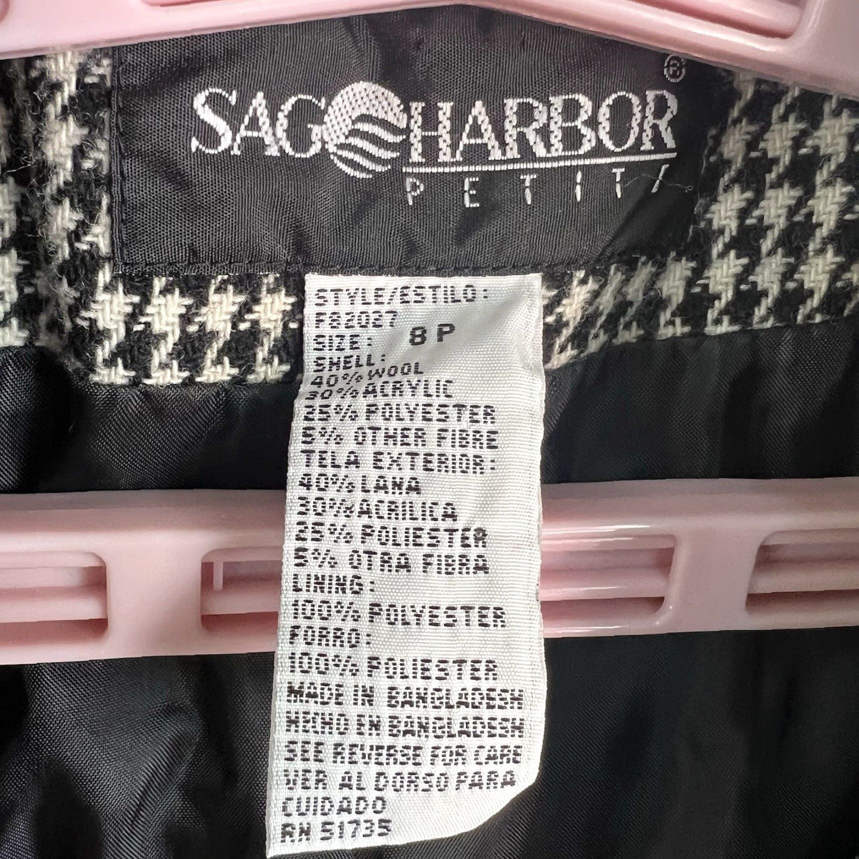 VINTAGE Sag Harbor Blazer Jacket Wool Blend Black White Velvet Collar Women 8P Houndstooth Button Mid-Length Long Sleeve Tailored 90s