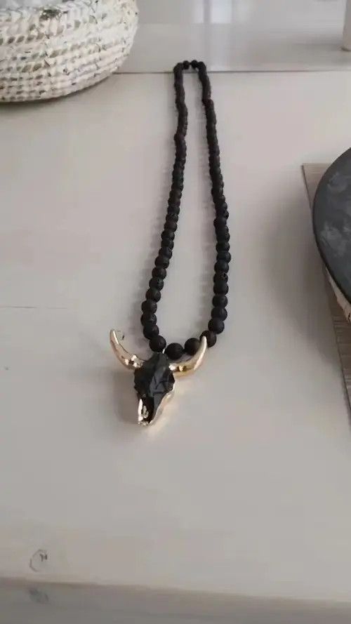 Anime Black Bull Head Bohemian Long Knotted Stone Bead Necklace Size ONE SIZE - 2 Thumbnail