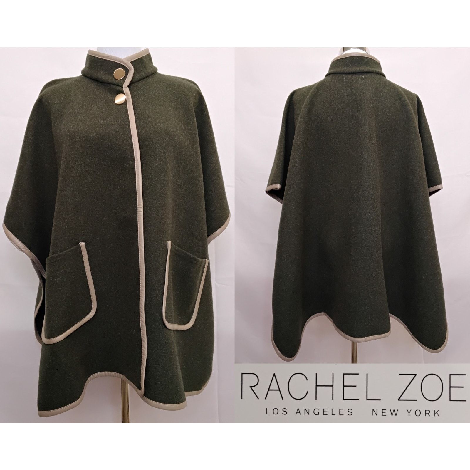 Other Rachel Zoe Poncho Cape One Size Green Olive Tan Trim NWT Size L / US 10 / IT 46 - 1 Thumbnail