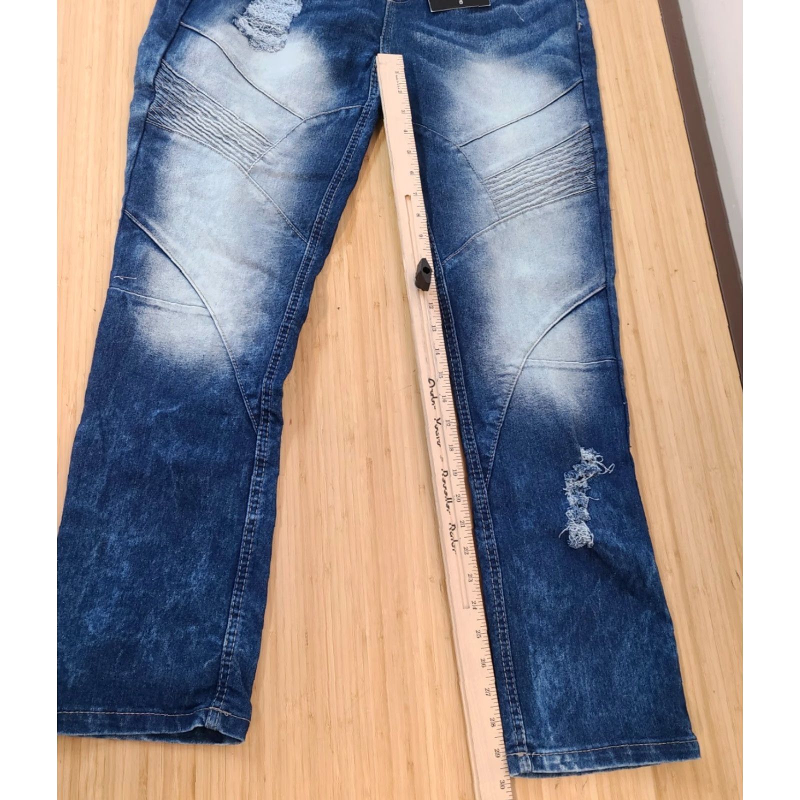 Denime GS-115 Premium Denim Jeans Pants Mens Size 34 X 30 Stretch Blue Distressed Straight Jeans Mens 34x30 Blue Distressed Embroidered Pockets Cotton Denim Size US 34 / EU 50 - 4 Thumbnail