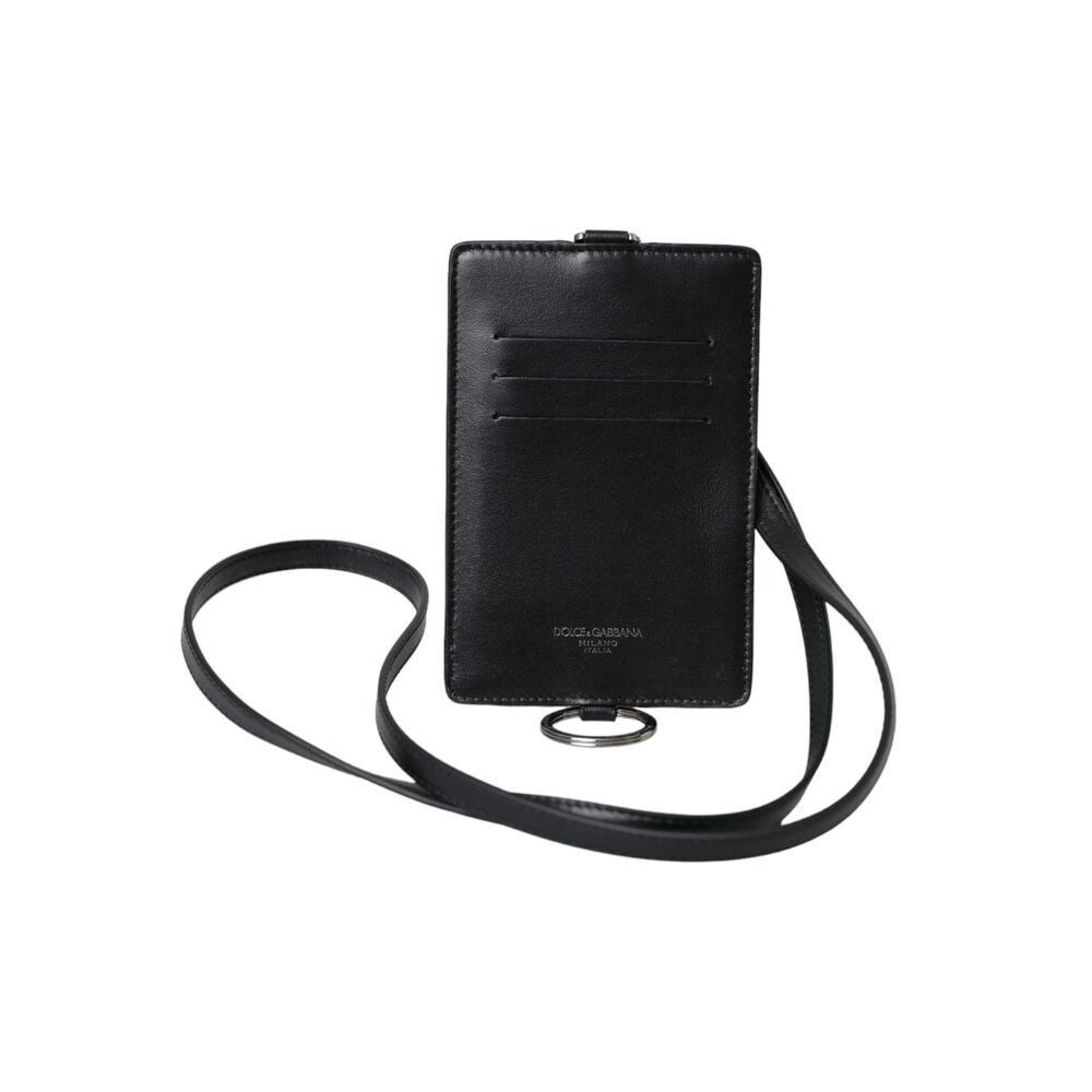 Dolce & Gabbana Black Calf Leather Lanyard Logo Card Holder