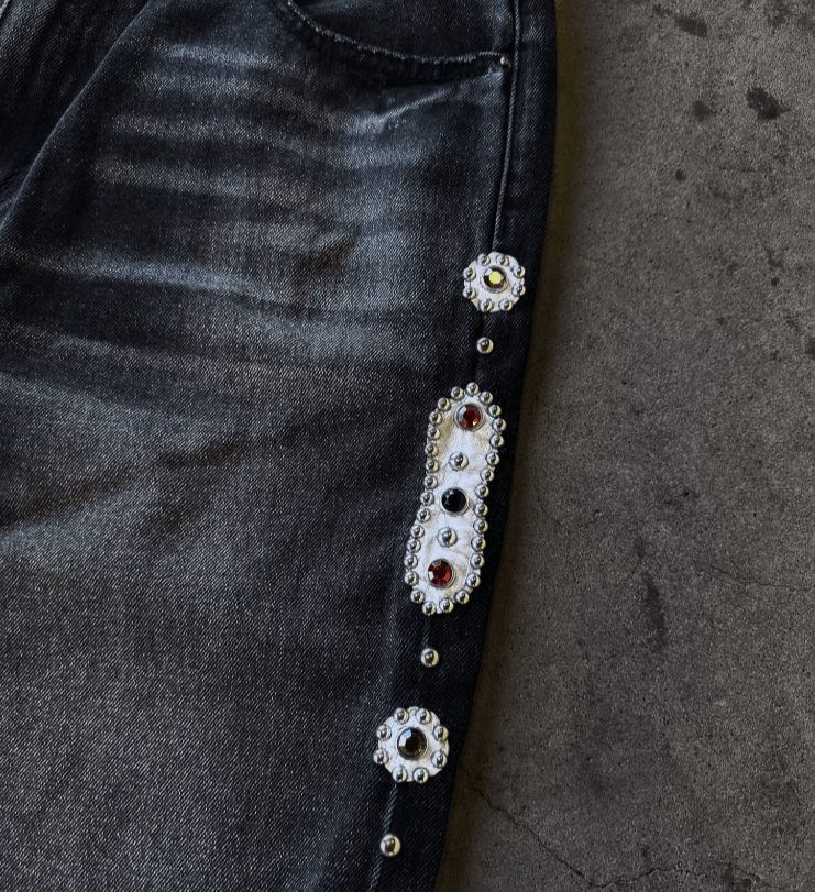 Japanese Brand 4Punk Vintage Rhinestone Embellished Black Jeans Size US 30 / EU 46 - 8 Thumbnail