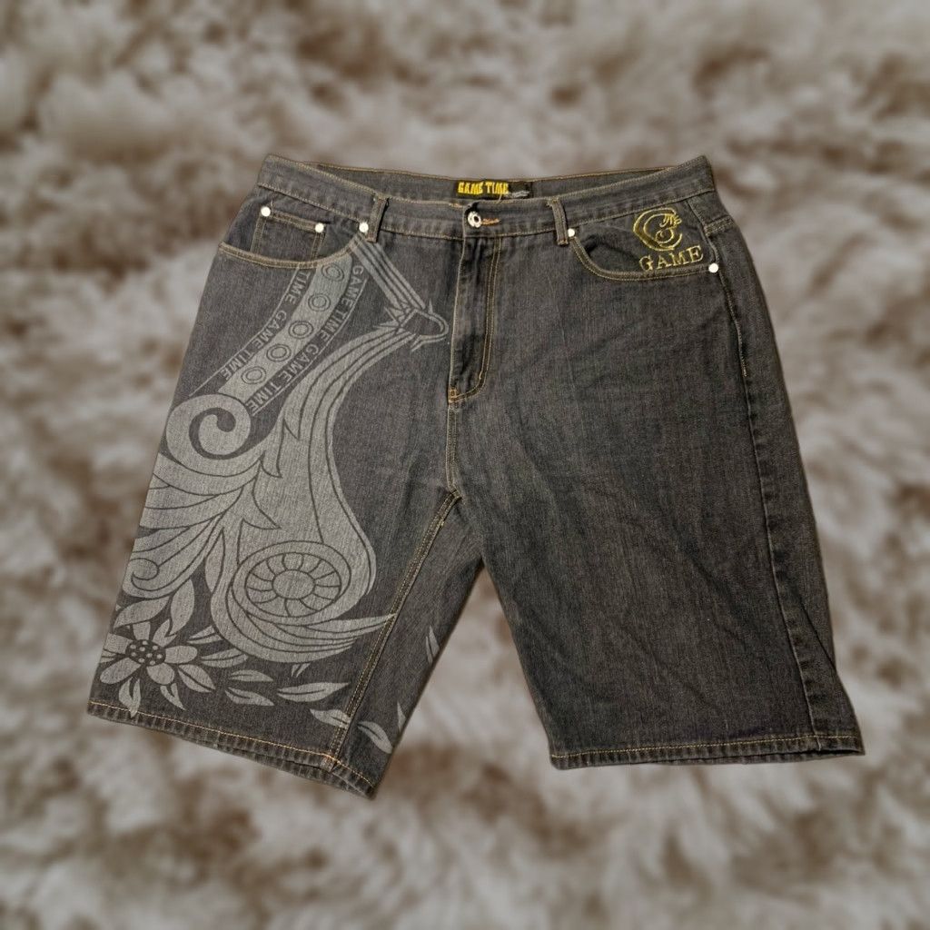 Vintage VINTAGE Game Time Denim Jorts Mens 42 Black Embroidered