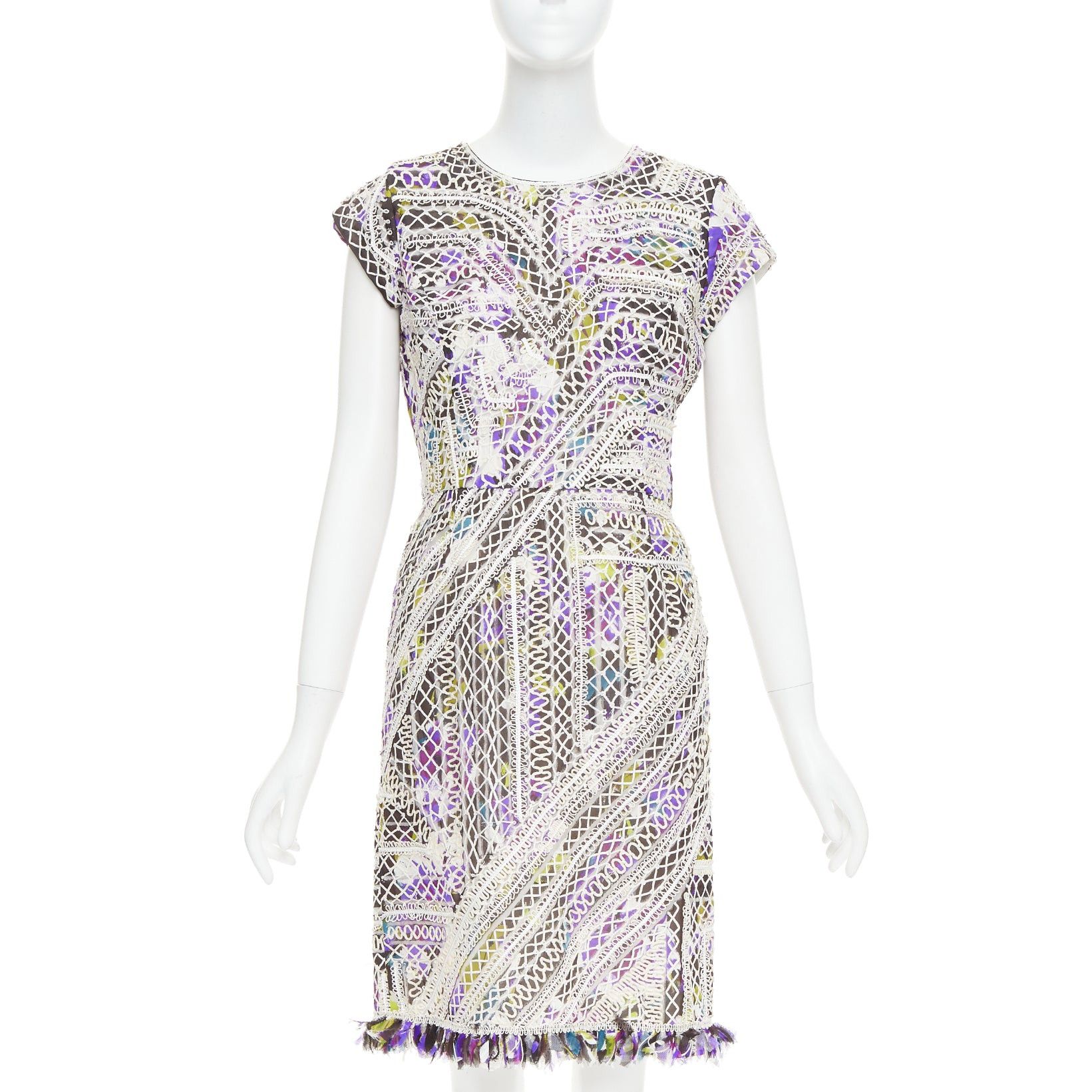 Oscar De La Renta OSCAR DE LA RENTA Runway purple white silk embroidery anglais fringe hem dress US6 M Size M / US 6-8 / IT 42-44 - 1 Thumbnail