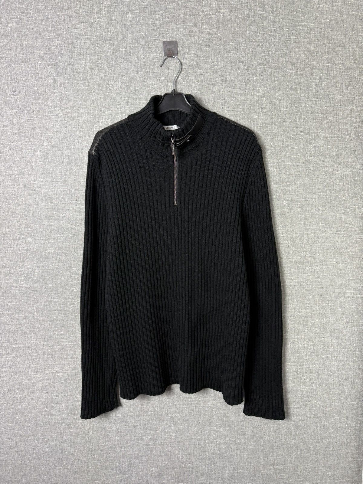 Versace Versace Collection Merino Wool Ribbed Sweater w Leather Trim Size US XL / EU 56 / 4 - 1 Thumbnail