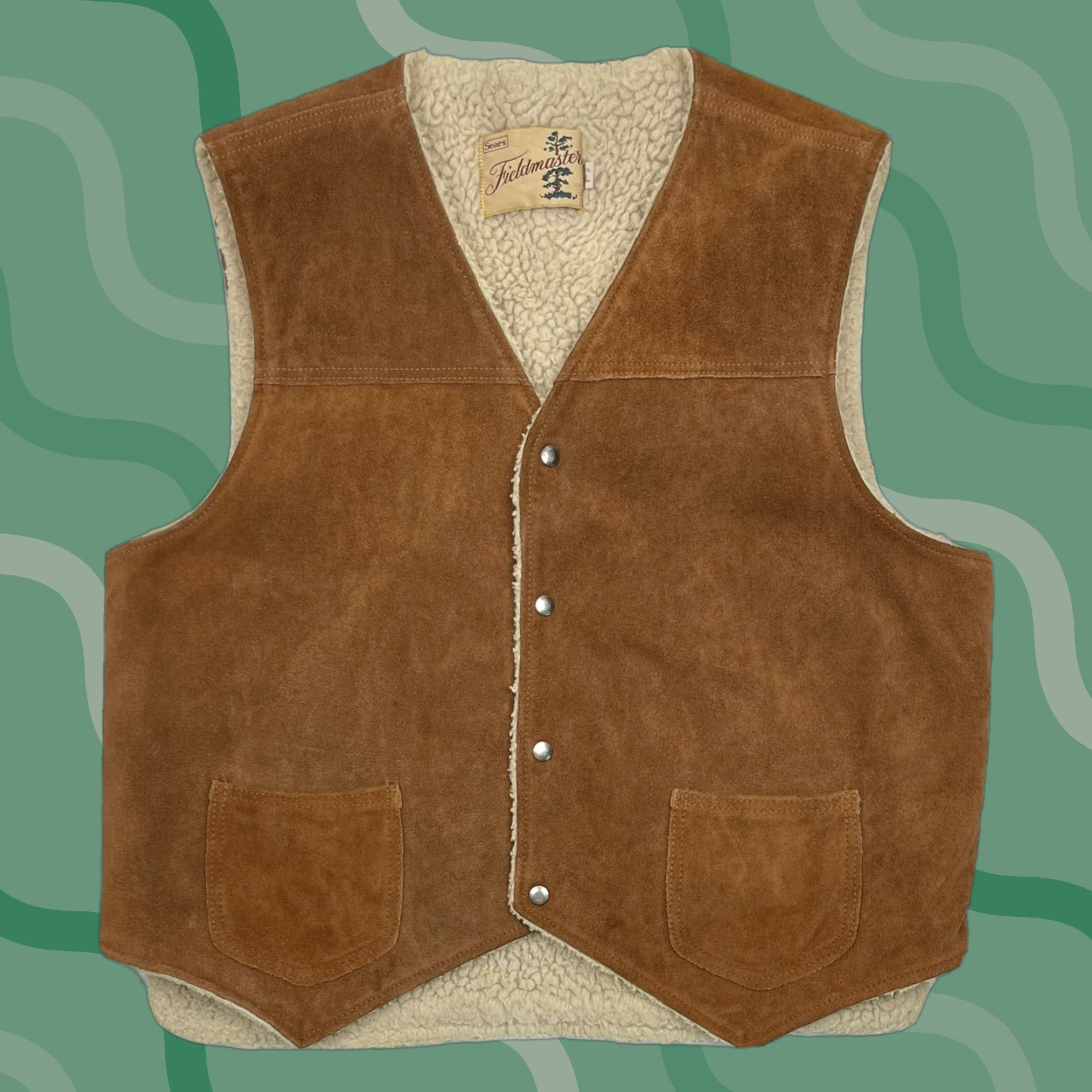 Sears VINTAGE Sears Fieldmaster Vest - Suede Leather L Sherpa Lined Western Cowboy Outdoors Outerwear Mens Vest L Brown Sh 70s 80s Size US L / EU 52-54 / 3 - 1 Thumbnail