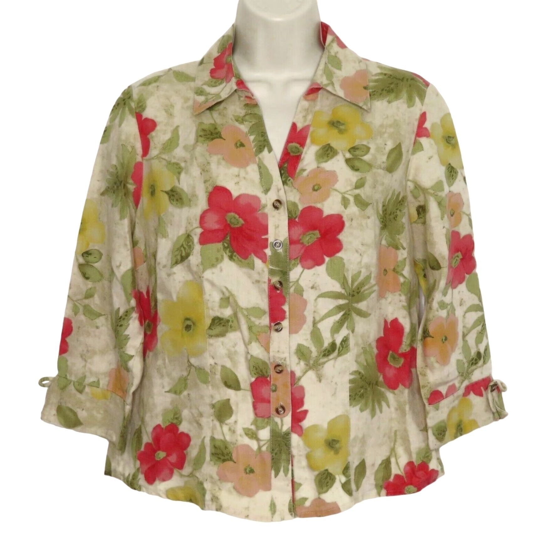 JM Collection JM Collection Women Petites 4P Linen Button Front Collared Floral Blouse Shirt 3/4 Sleeve Multicolor Size S / US 4 / IT 40 - 8 Thumbnail