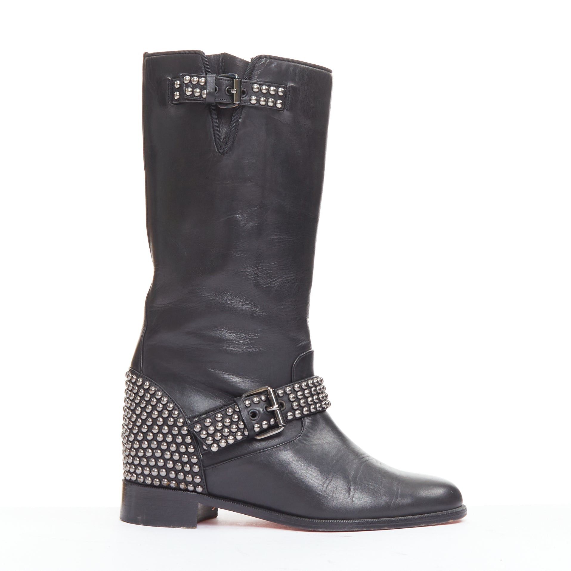 Christian Louboutin CHRISTIAN LOUBOUTIN Bicloubutu black silver studded moto biker wedged boots EU35 Size US 5 / IT 35 - 1 Thumbnail