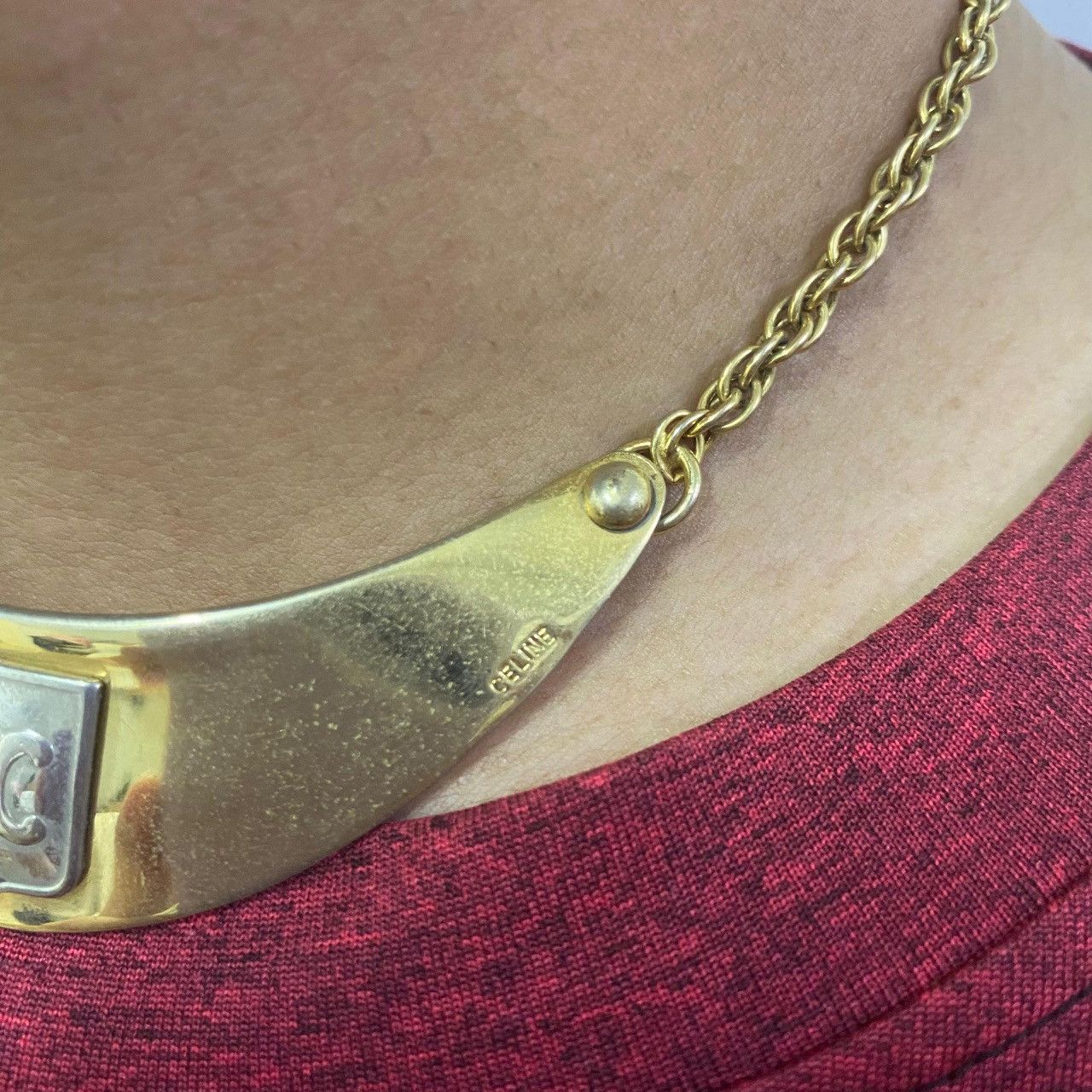 Celine Celine Vintage Gold Collar Necklace with Chain – Shield Logo Size ONE SIZE - 8 Thumbnail