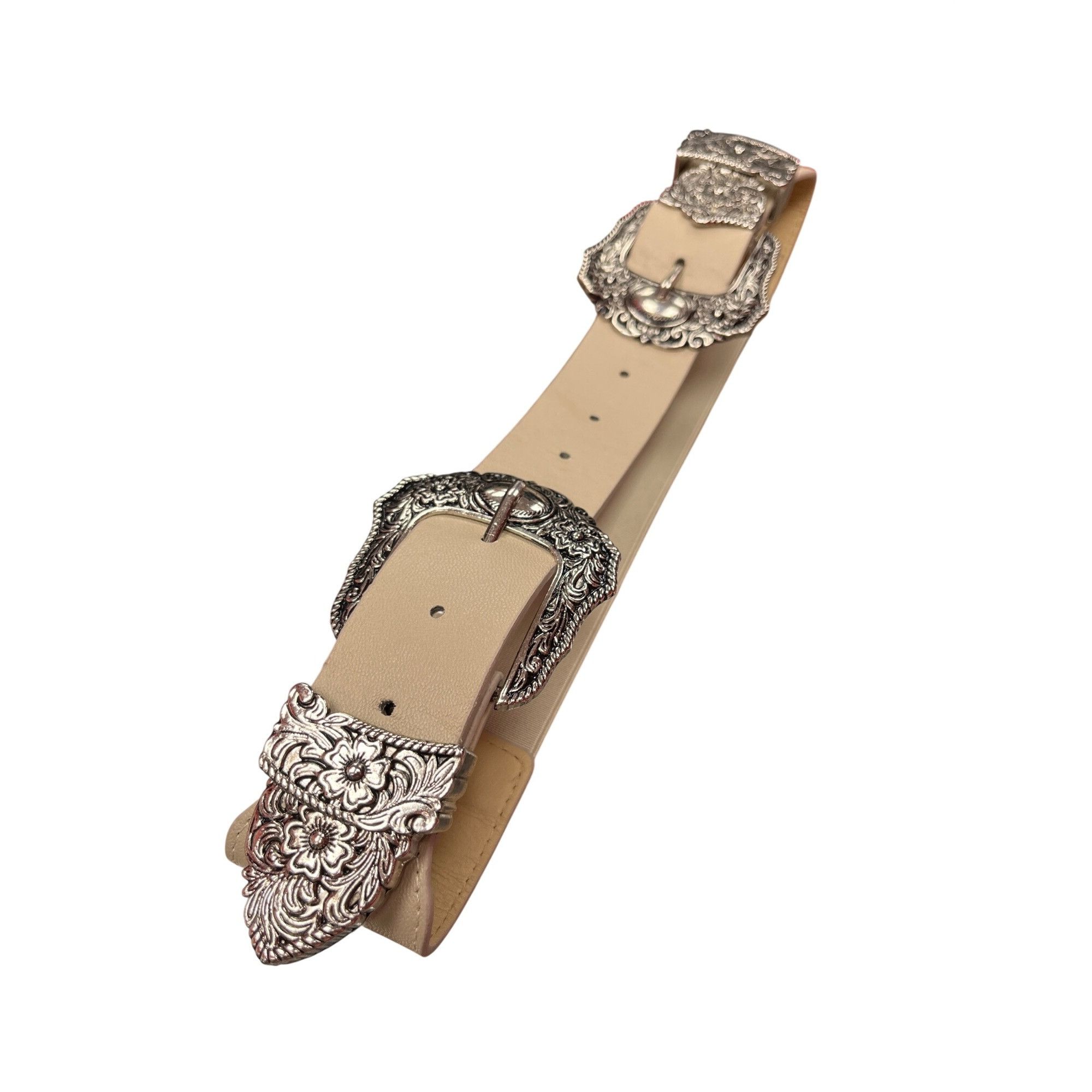 Other VTG Beige floral double buckle silver plated stretch wms bel Size ONE SIZE - 1 Thumbnail