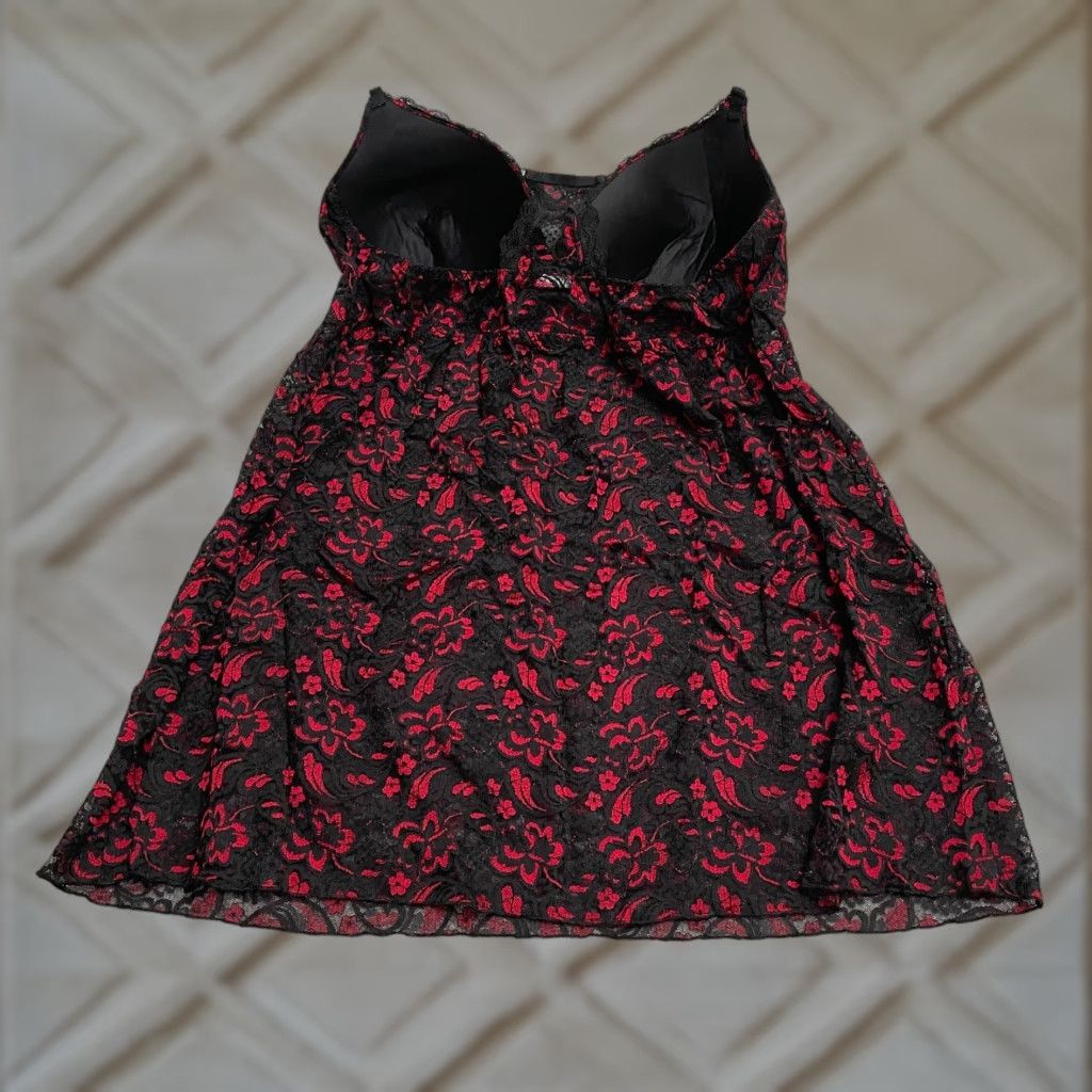 Vintage Unbranded Lace Floral Sleepwear Dress Womens L Red Sleeveless Sweetheart Cami, Polyester, Machine Washable, Lightweight, Bow, Strap, Dress Size L / US 10 / IT 46 - 1 Thumbnail