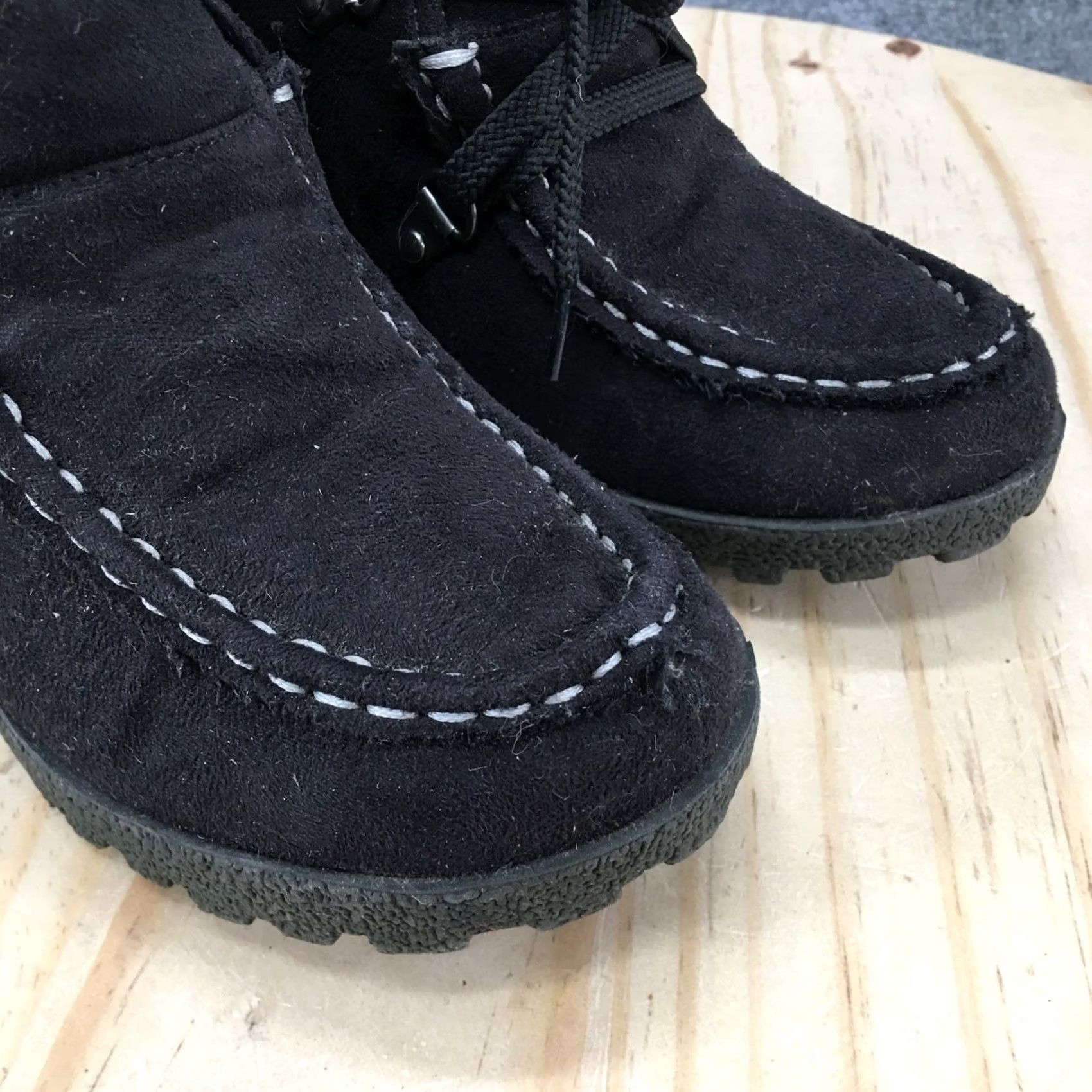 Vintage Unionbay Boots Womens 7.5 M Pike Ankle Booties Lace Up Wedge Heels Black Fabric Size US 8 / IT 38 - 3 Thumbnail