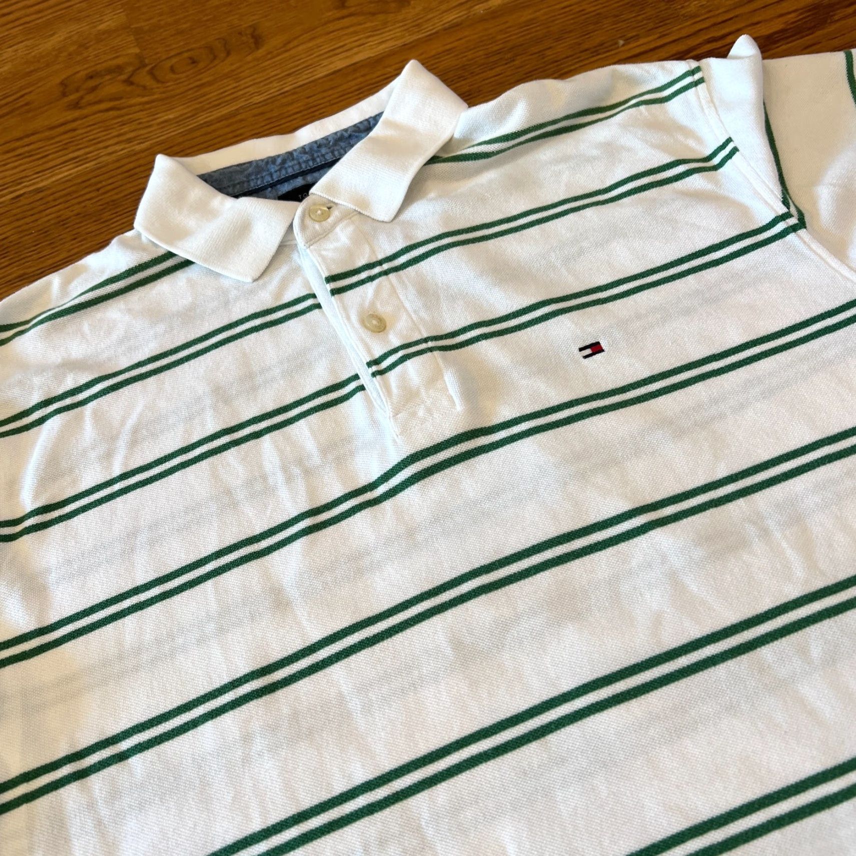 Tommy Hilfiger VINTAGE Tommy Hilfiger Polo Shirt Men XL Short Sleeve Striped White Green Knit Logo Casual Size US XL / EU 56 / 4 - 3 Thumbnail