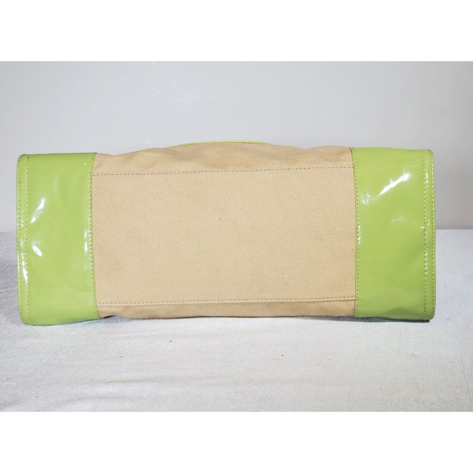 Tory Burch Tory Burch Ella Tote Bag Large Light Beige Canvas Sage Green Patent Leather Expandable Size ONE SIZE - 7 Thumbnail