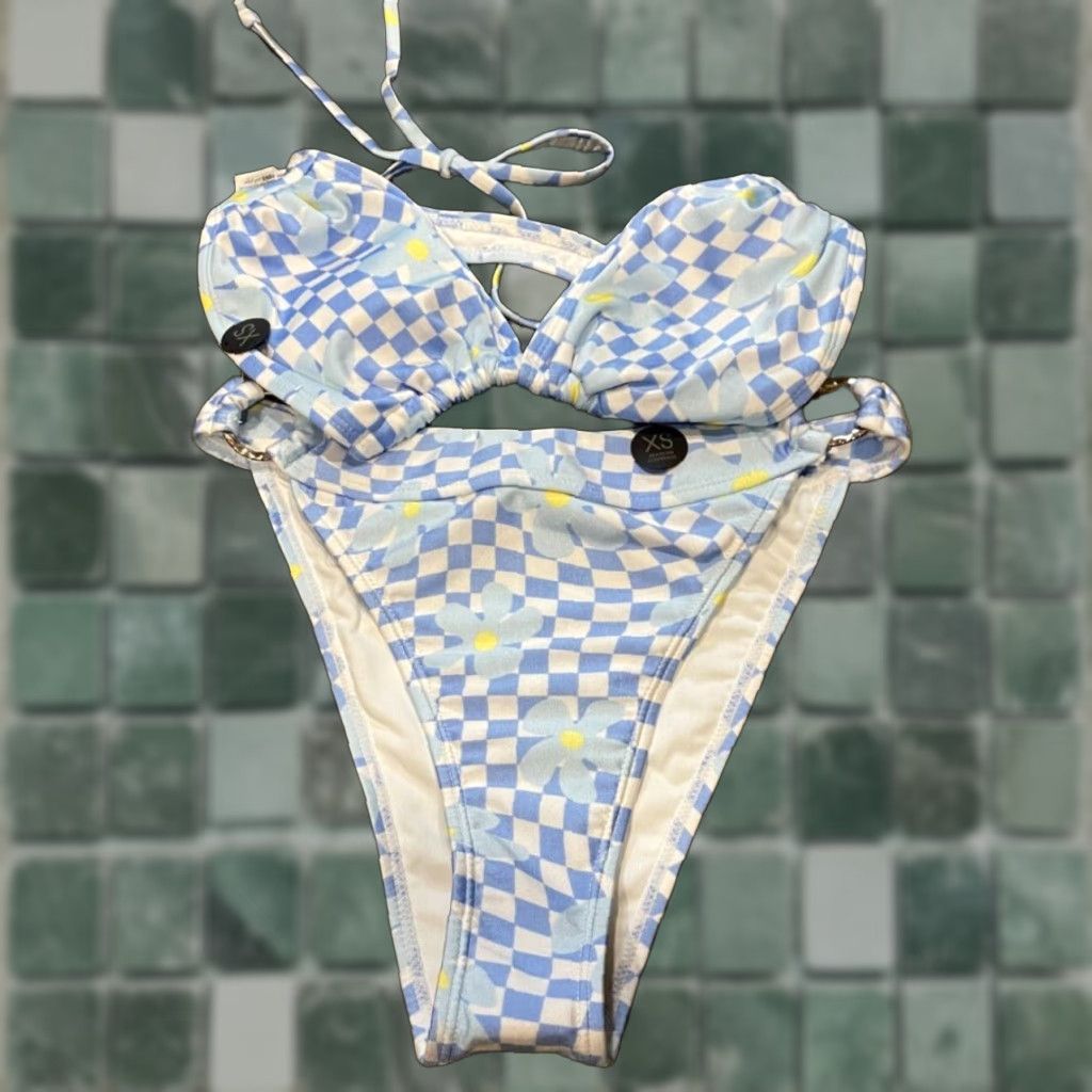 Cotton On Cotton On Bikini Top Women XS Blue Floss Cheker Board Floral Bathing Suit Set Size XS / US 0-2 / IT 36-38 - 1 Thumbnail