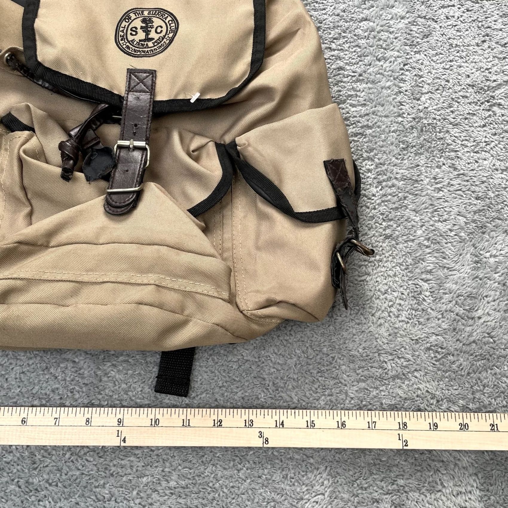 Vintage Sierra Club Backpack Large Canvas Faux Leather Hiking Outdoor Travel Bag Camping Mens Beige 16x15x5 Adjustable Padded Outer Pockets Size ONE SIZE - 7 Thumbnail