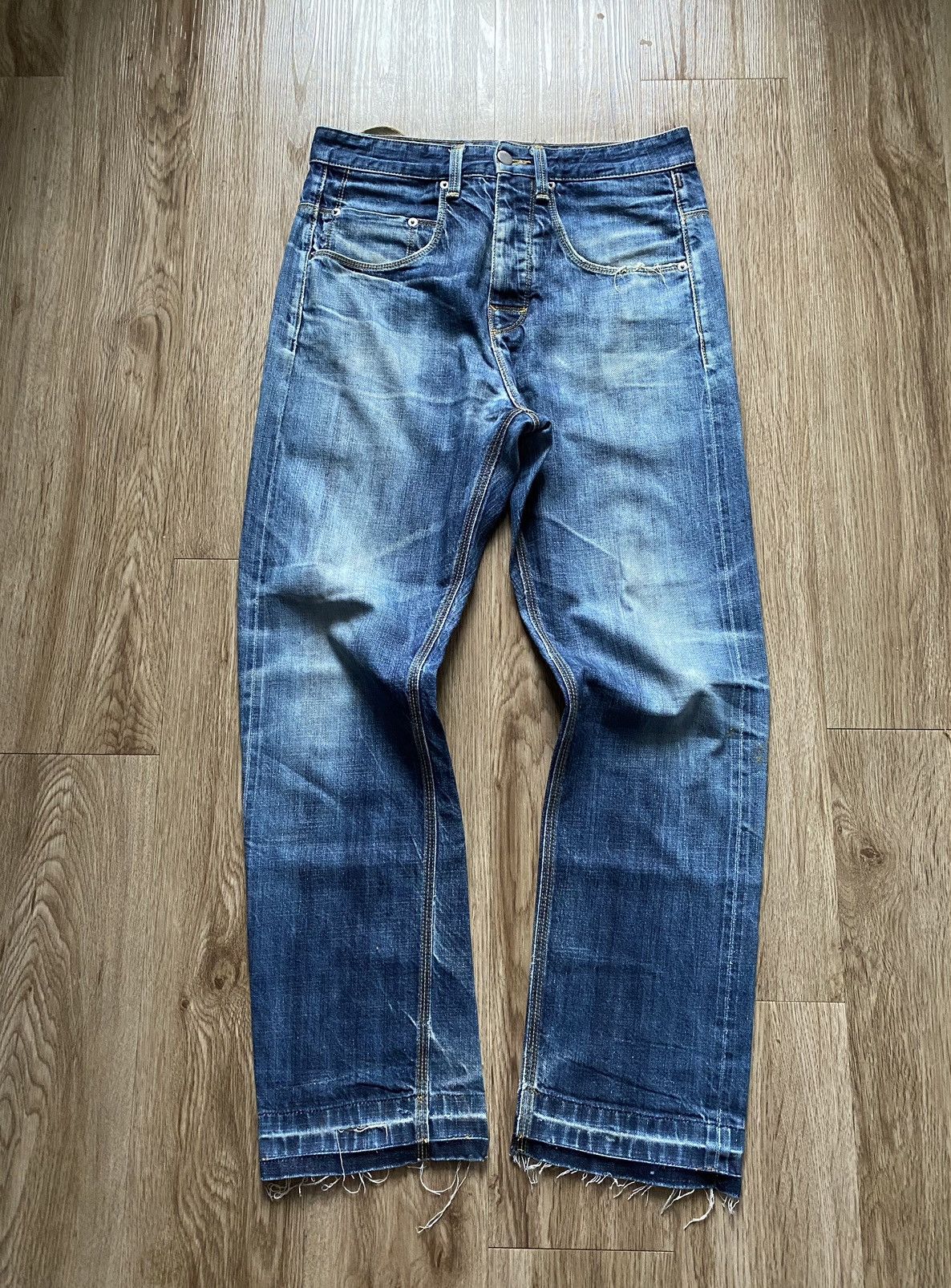 image of Raf By Raf Simons x Raf Simons Distressed Faded Repair Jeans in Blue, Men's (Size 30)