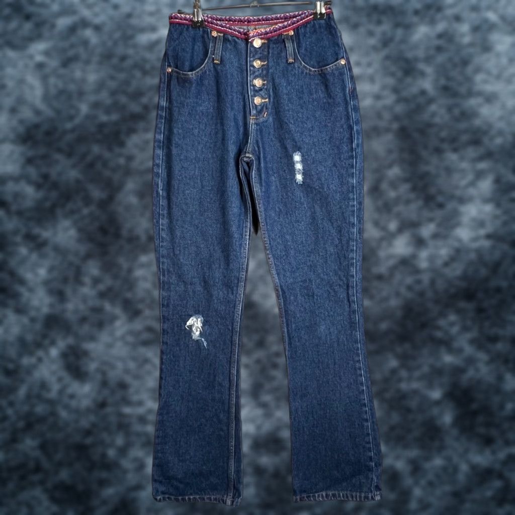 Denime VINTAGE OA Womens Denim Jeans Flared 3 Blue Mid Rise Embroidered Waistband 32 In Inseam Women’s Size 26" / US 2 / IT 38 - 1 Thumbnail