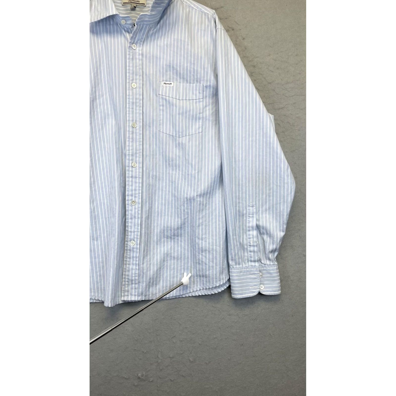 Faconnable Faconnable Mens XL Blue White Striped Dress Shirt Long Sleeve Button Down Pocket Size 46R - 3 Thumbnail