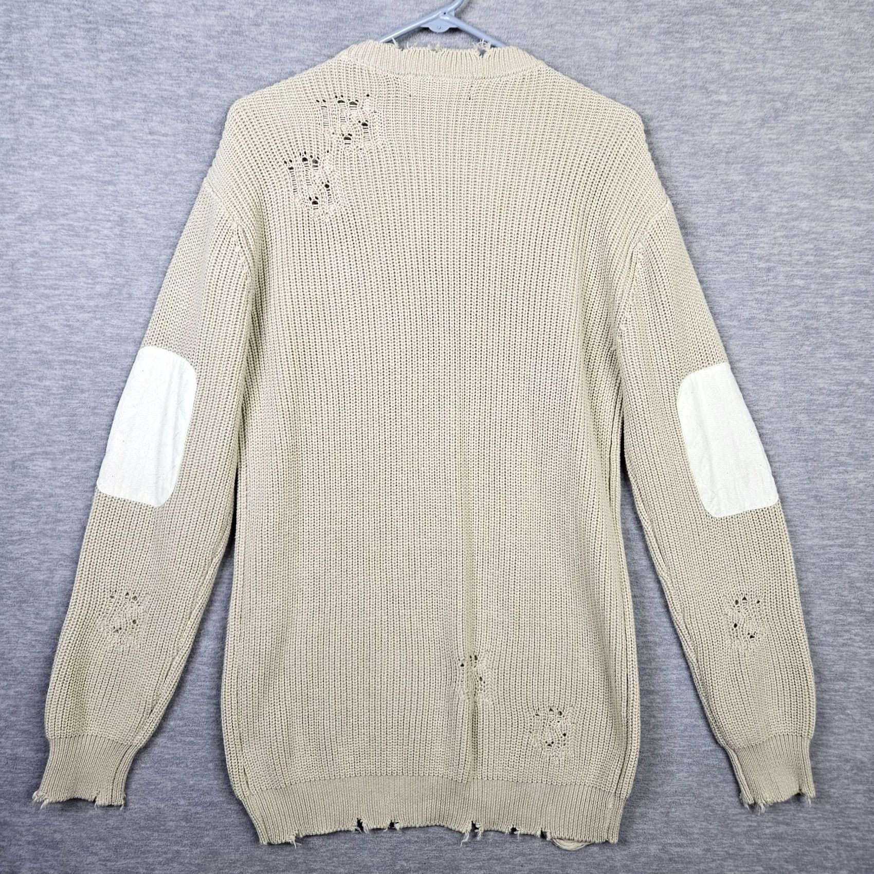 SER.O.YA SER.O.YA Women's Devin Distressed Raw-edge Crew neck Elbow Patch Sweater XS Sage green Cardigan Regular Knit 100% Cotton Modern Women Size XS / US 0-2 / IT 36-38 - 3 Thumbnail