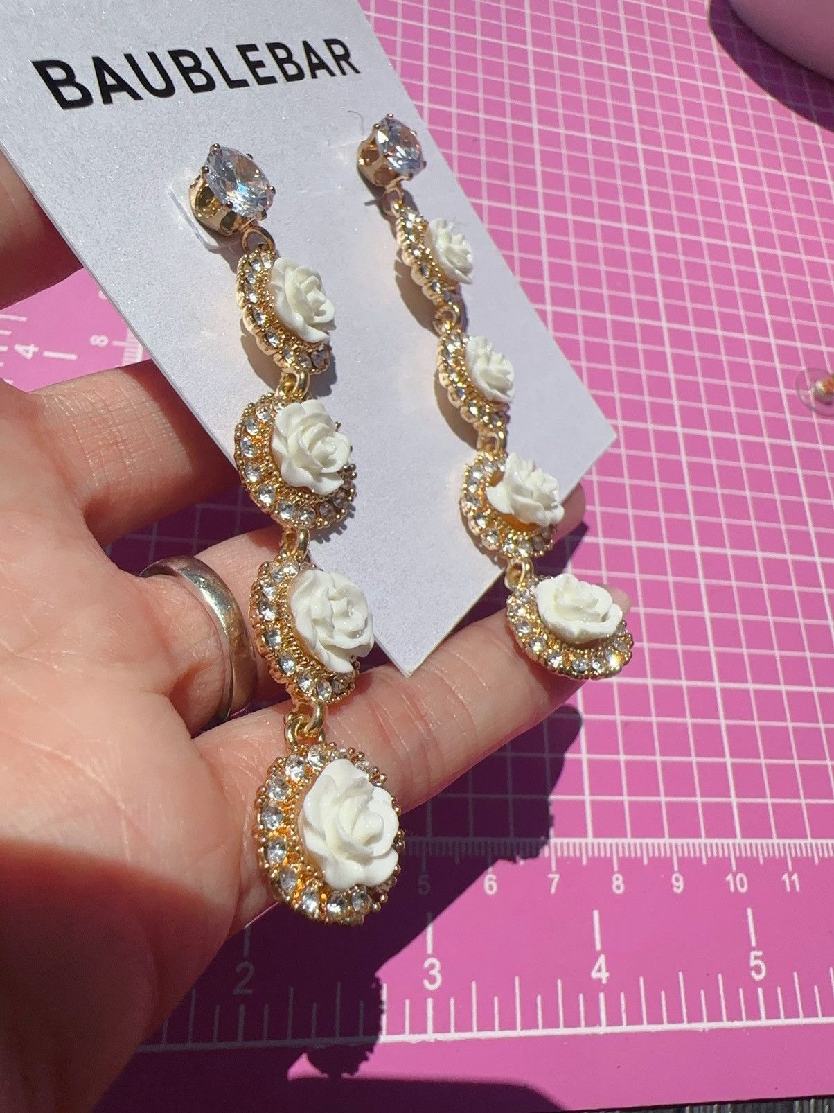 Designer Baublebar gold tone diamonds paved white roses tassels Size ONE SIZE - 2 Thumbnail