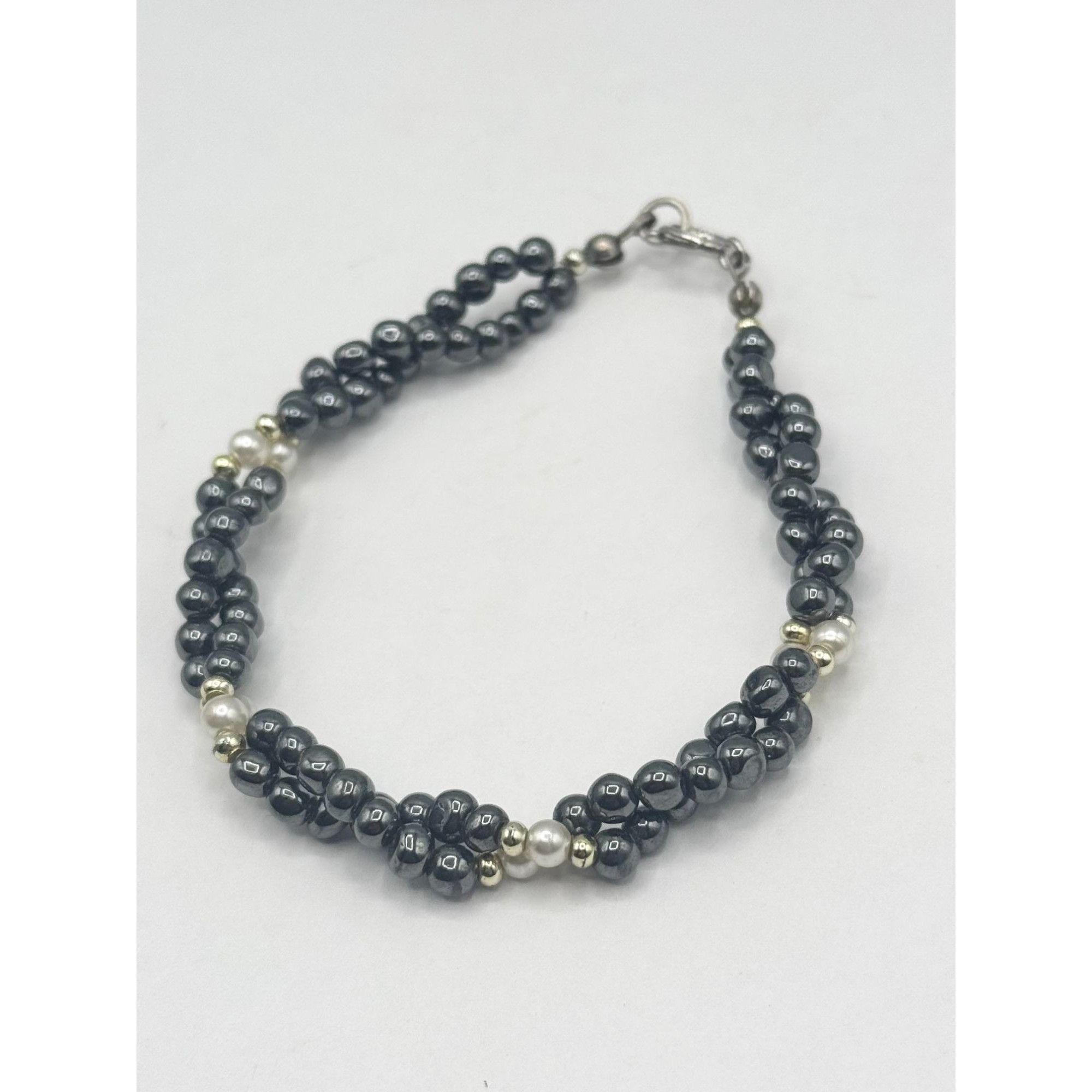 Vintage Vintage Hematite & Pearl Triple Strand Beaded Braided Bracel Size ONE SIZE - 2 Thumbnail
