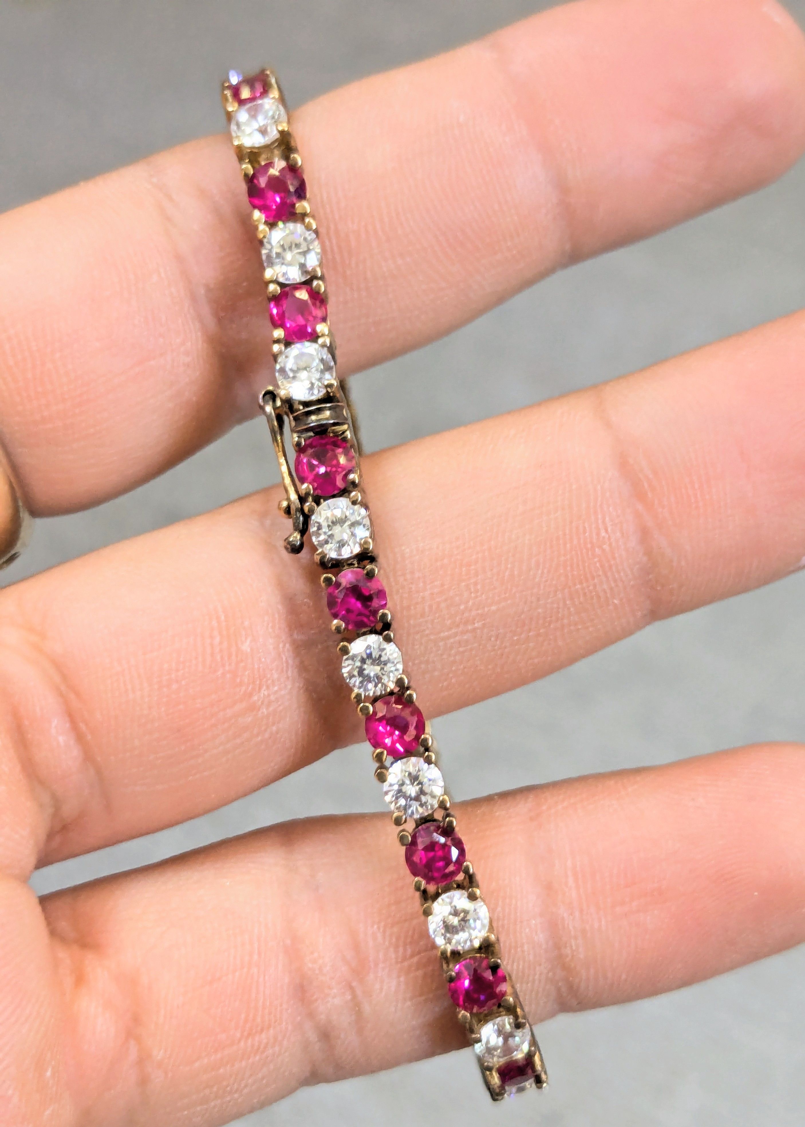 Jewelry Vintage Sterling Silver Bracelet 7.5" Red Ruby CZ Round Gold Size ONE SIZE - 13 Thumbnail