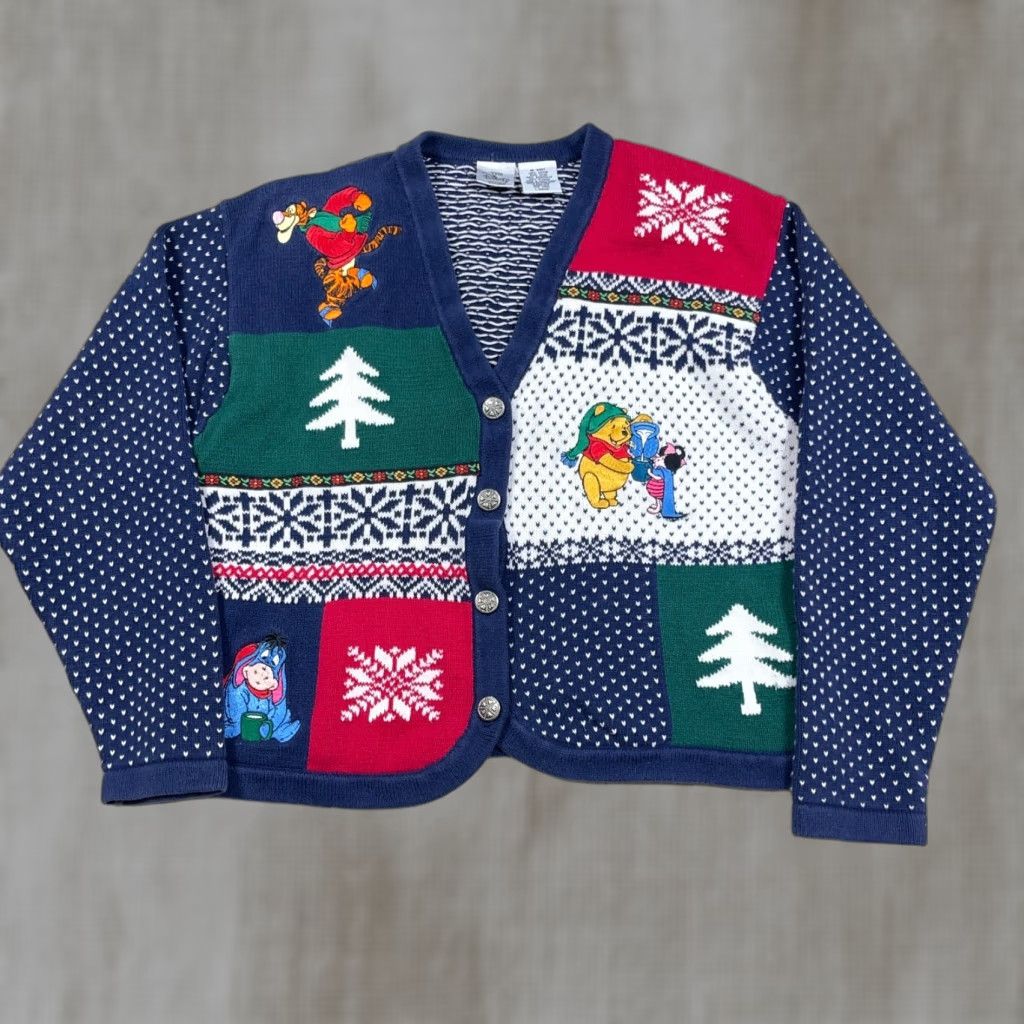 Disney VINTAGE Disney Cardigan Sweater Women L Blue Mickey Mouse Christmas Birdseye Geometric Bohemian 90s Theme Mens Womens Size L / US 10 / IT 46 - 1 Thumbnail