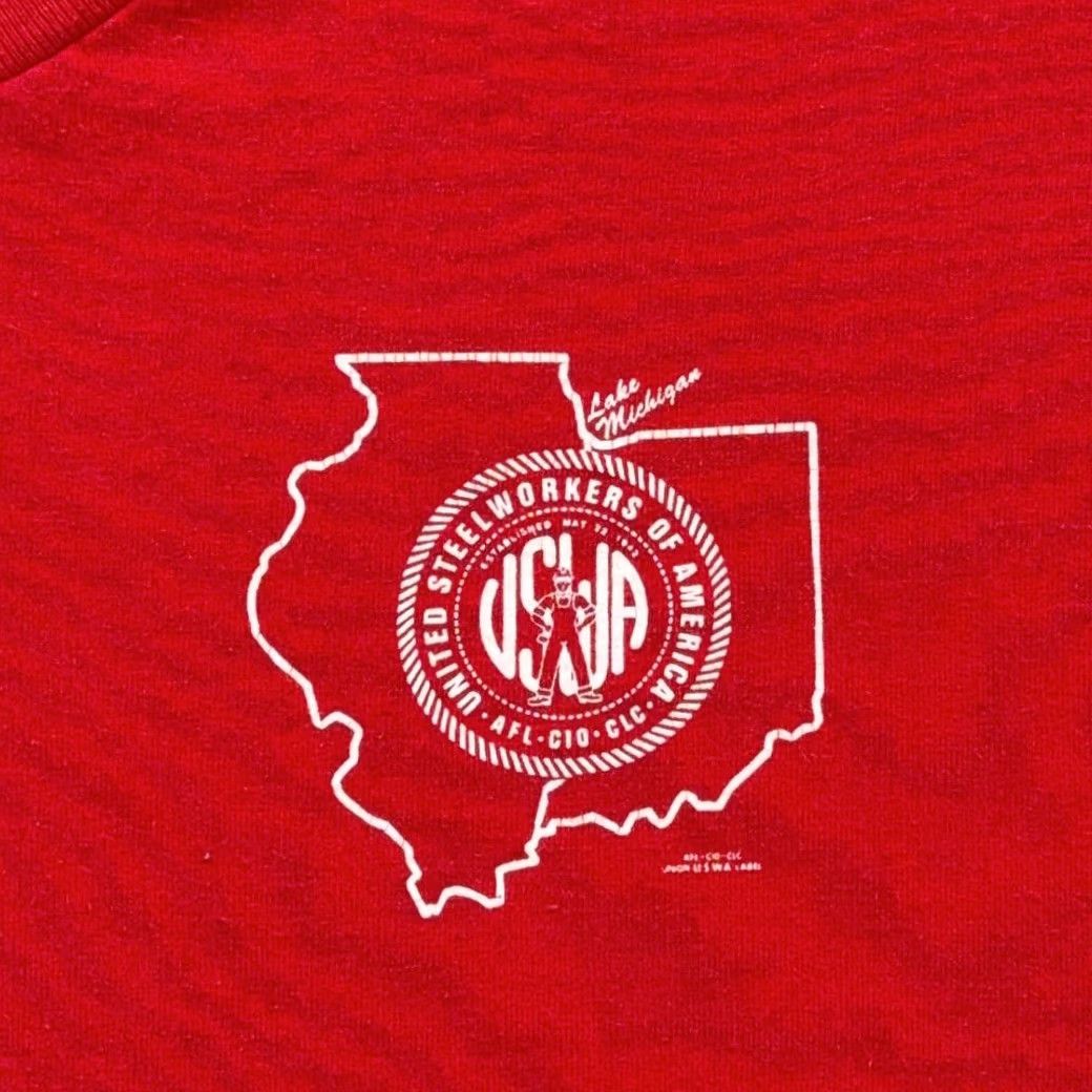 Fruit Of The Loom VINTAGE United Steelworkers Shirt Mens XL Red 90s USWA Illinois Union T-Shirt Cotton Blend Logo Back Graphic Size US XL / EU 56 / 4 - 3 Thumbnail