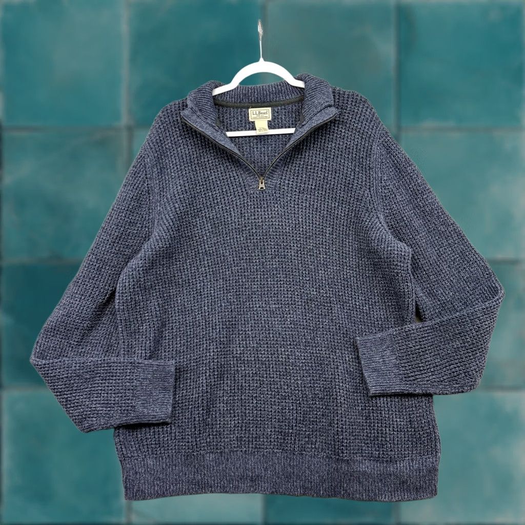 Vintage L.L.Bean Sweater Mens XLT Blue Quarter Zip Mock Neck Waffle Knit Organic Cotton Size US XL / EU 56 / 4 - 1 Thumbnail
