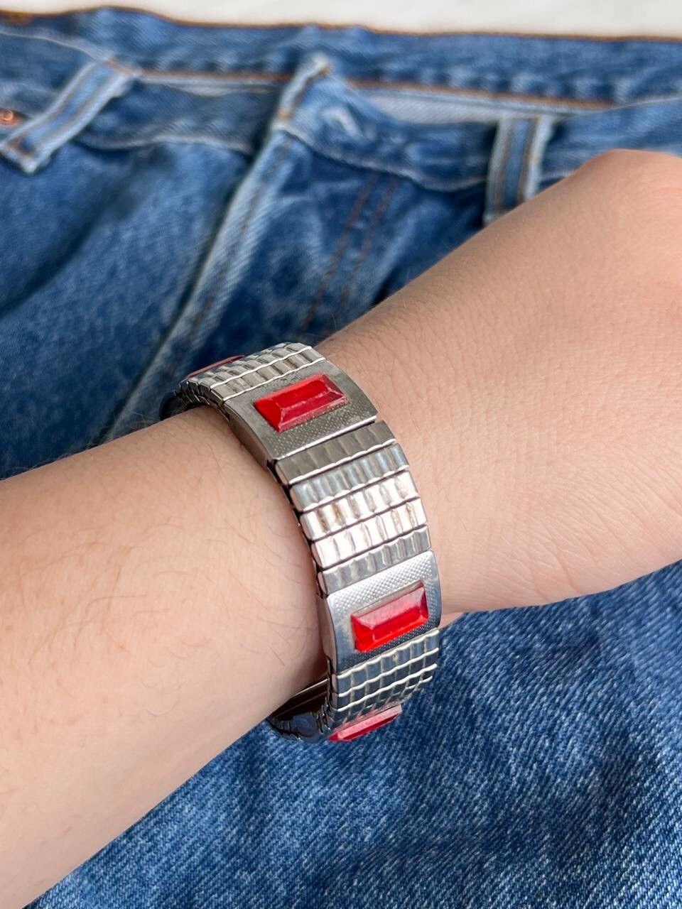 Jewelry Bracelet Silver Chrome Red Stone Crystal Y2K 90s Jewelry Size ONE SIZE - 5 Thumbnail