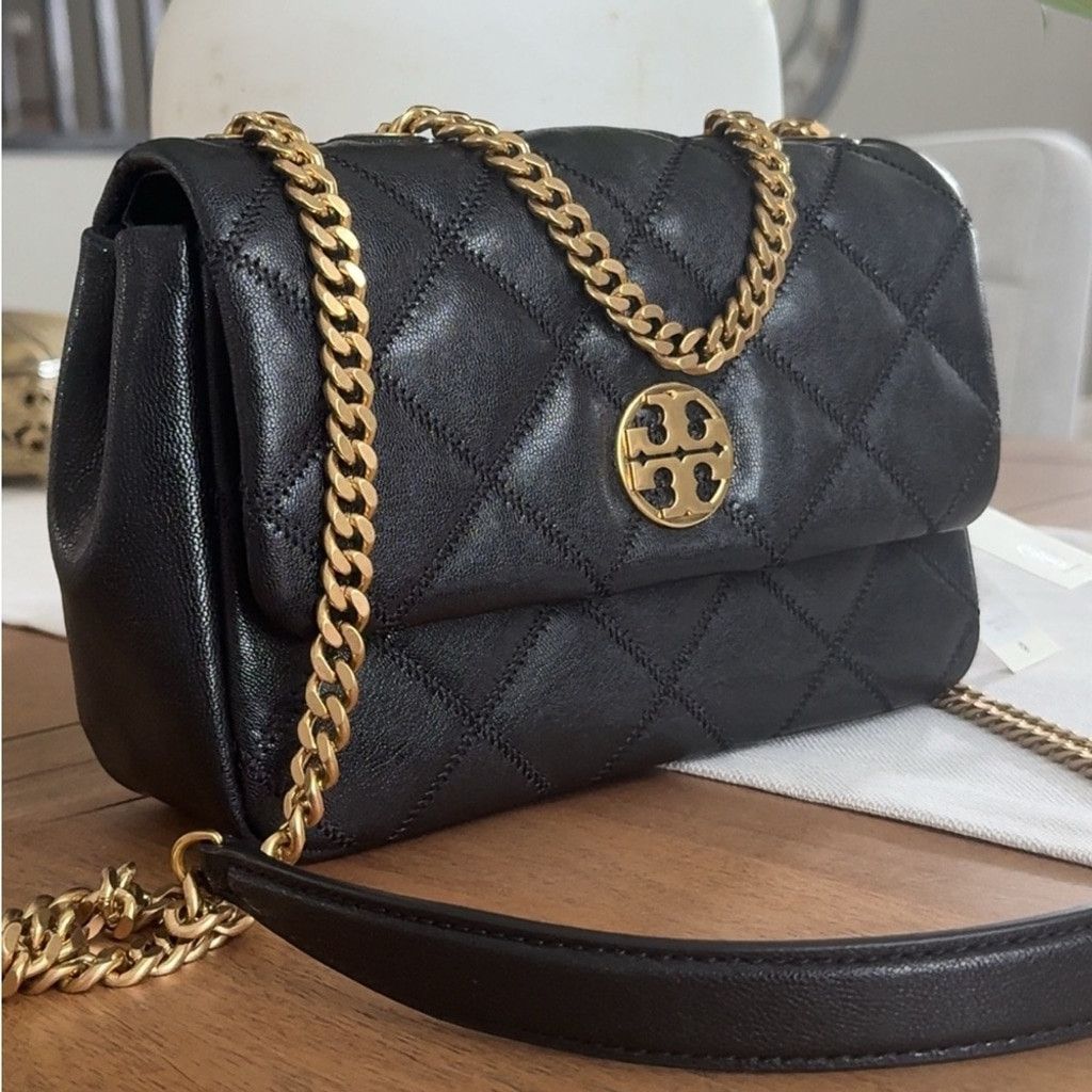 Tory Burch 595+! New Tory Burch Willa Black Diamond Quilted With Gold H Size ONE SIZE - 1 Thumbnail