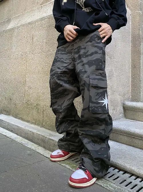 image of Embroidered Camouflage Multi-Pocket Cargo Pants in Black, Men's (Size 26)