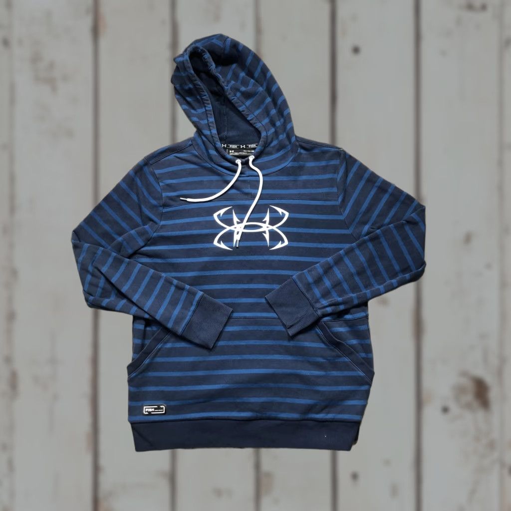 Under Armour Under Armour Hoodie Mens XL Blue Striped FISH Loose Pullover Sweatshirt Logo Size US XL / EU 56 / 4 - 1 Thumbnail