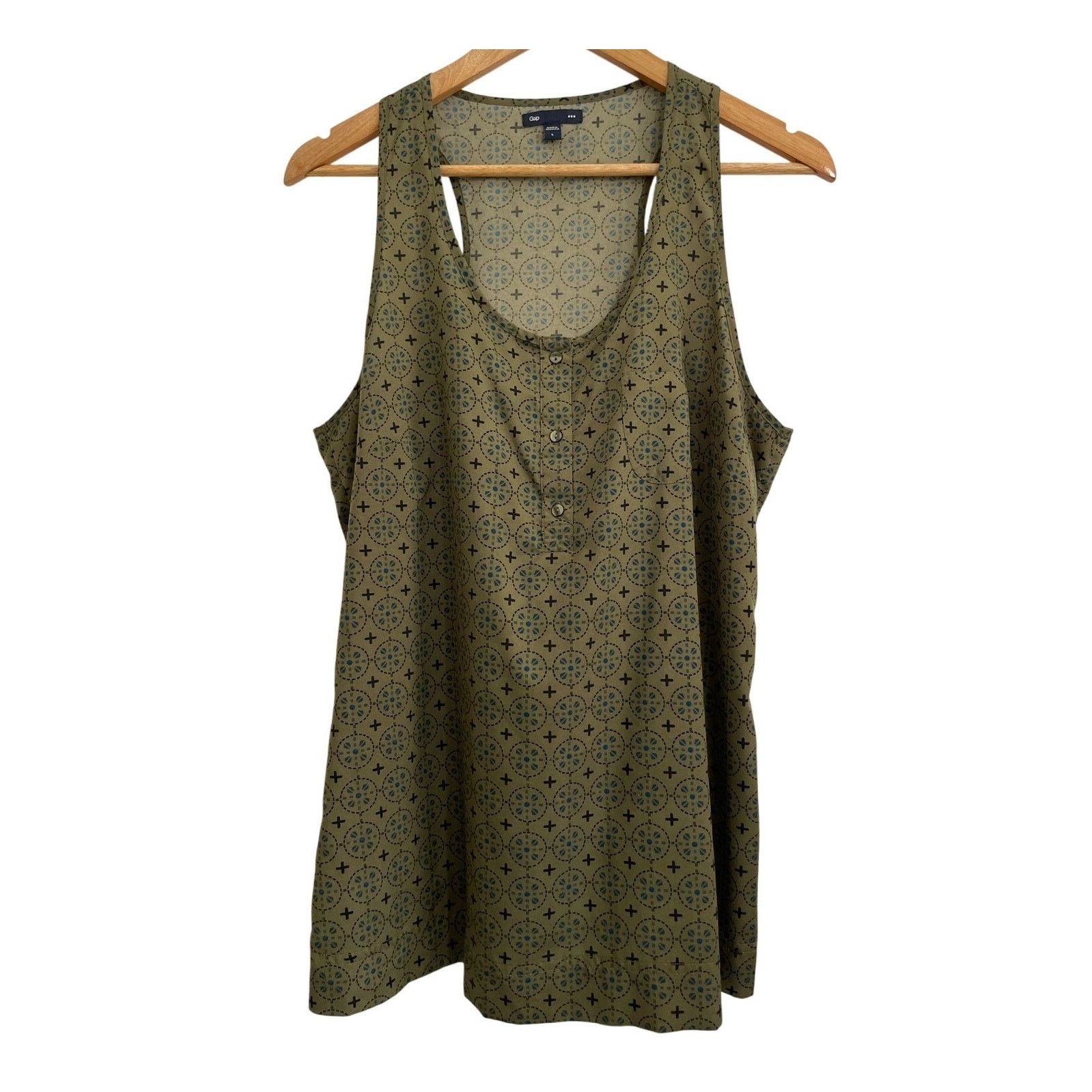 Gap Gap Women's Sleeveless Olive Green Blue Floral Racerback Size L / US 10 / IT 46 - 1 Thumbnail