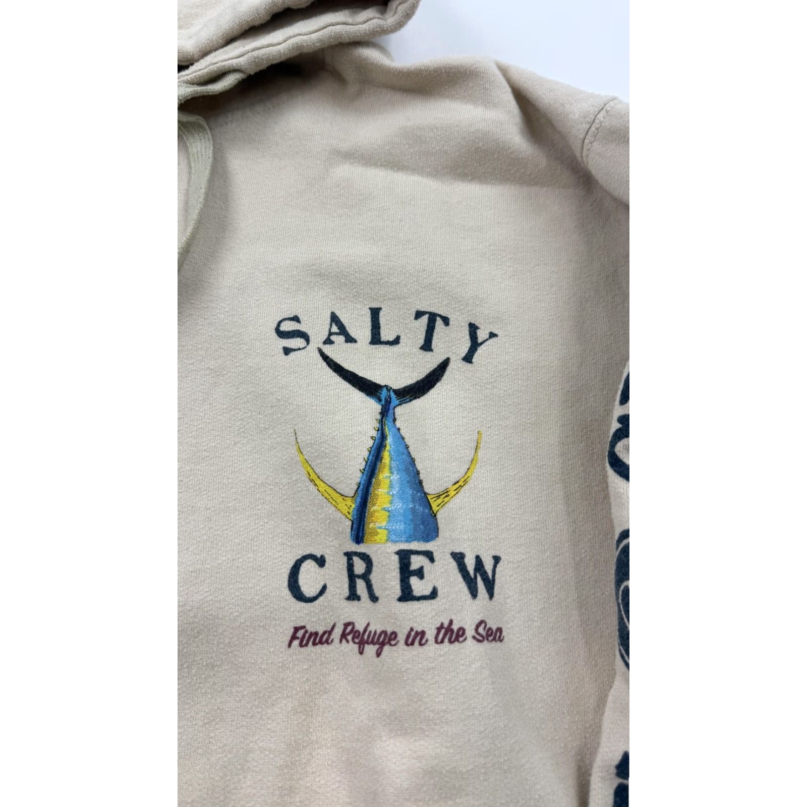 Vintage VINTAGE Salty Crew Hoodie Mens M Tan Pullover Graphic Find Refuge in the Sea Back Fish Tail Logo Pockets Hooded Size US M / EU 48-50 / 2 - 3 Thumbnail