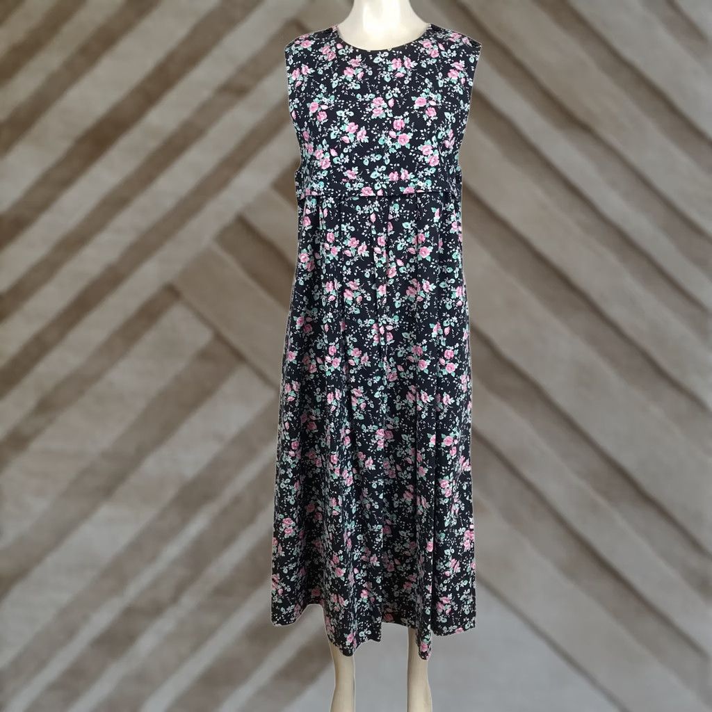 Laura Ashley VINTAGE Laura Ashley Maxi Dress Navy Pink 1990s Floral Cotton Empire Waist Womens Size L / US 10 / IT 46 - 1 Thumbnail