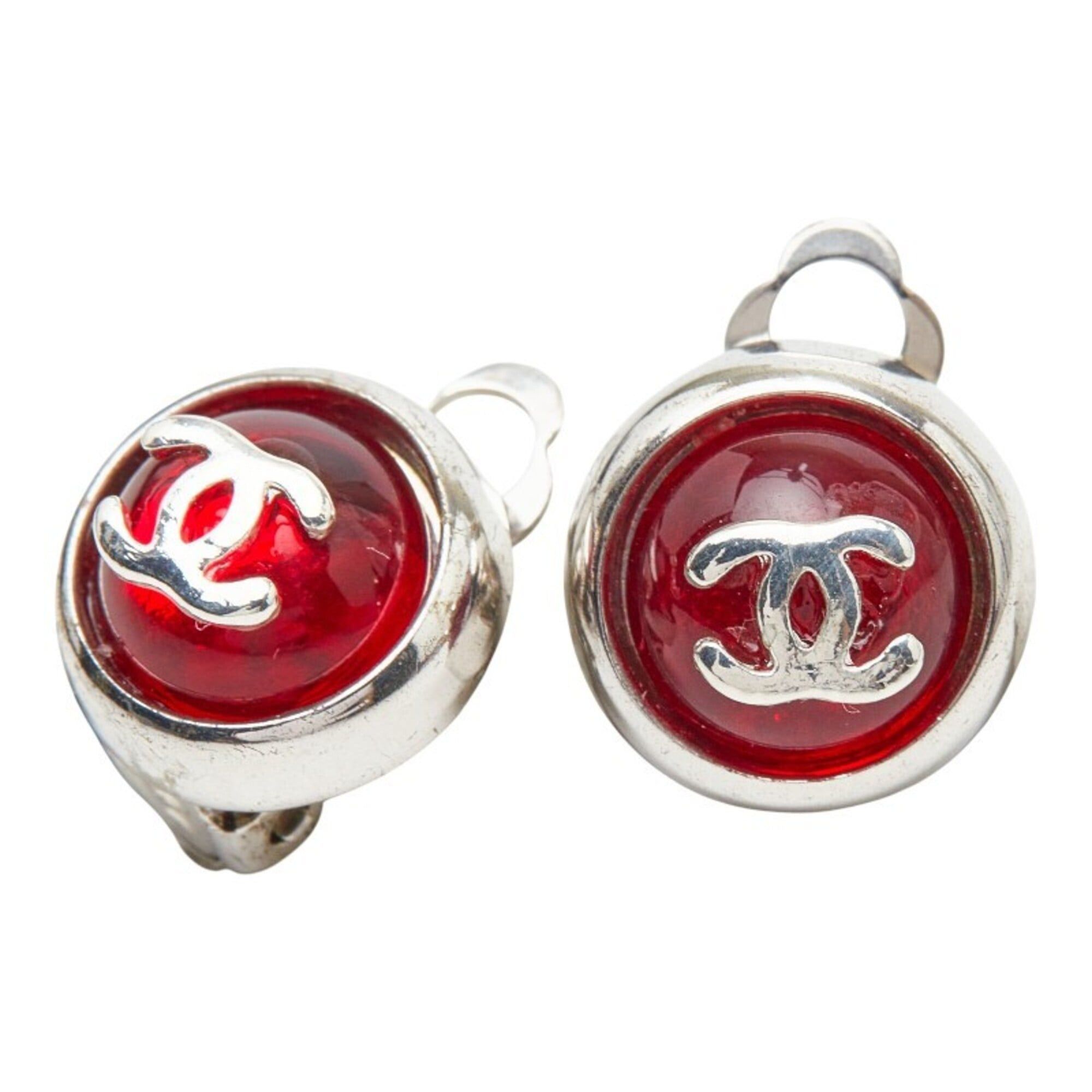 Chanel Chanel Coco Mark Round Earrings, Silver and Red Metal, Women's CHANEL Size ONE SIZE - 1 Thumbnail