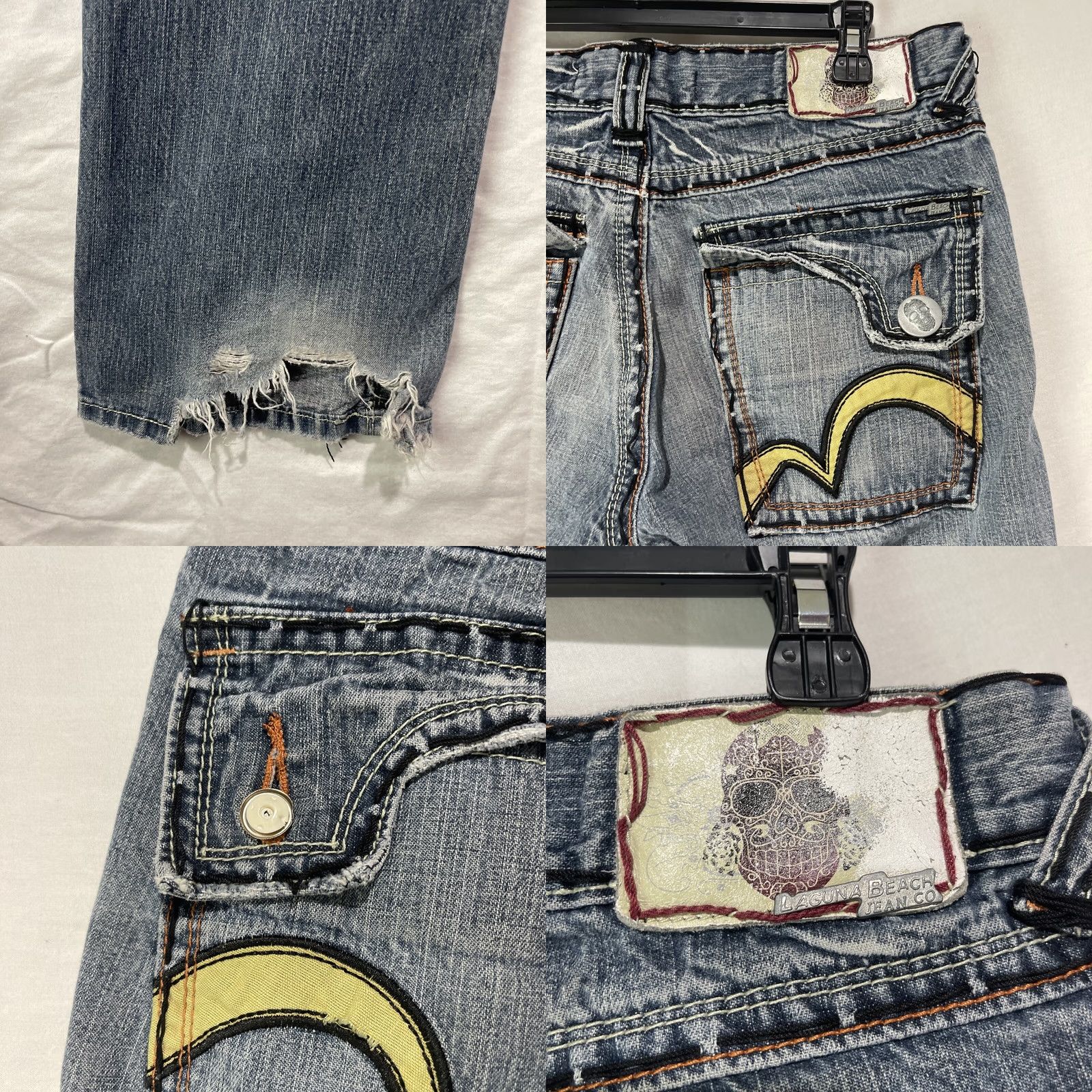 Vintage Laguna Beach Jeans Mens 32 Skull Button Stitched Blue Denim Distressed Zip Flat Jeans Distressed Skull 5-Pocket Men Size US 32 / EU 48 - 9 Thumbnail