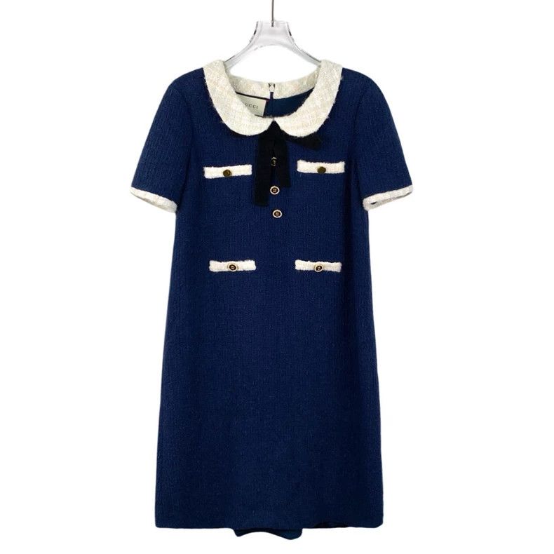 Gucci Dark blue cotton doll collar bow short-sleeved braid