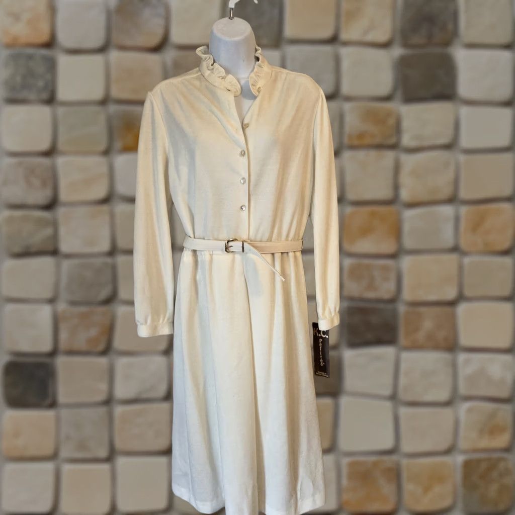 Vintage VINTAGE KC Petites 80s Ivory Dress A Line Belt Ruffle Collar 12P Petites Size XL / US 12-14 / IT 48-50 - 1 Thumbnail