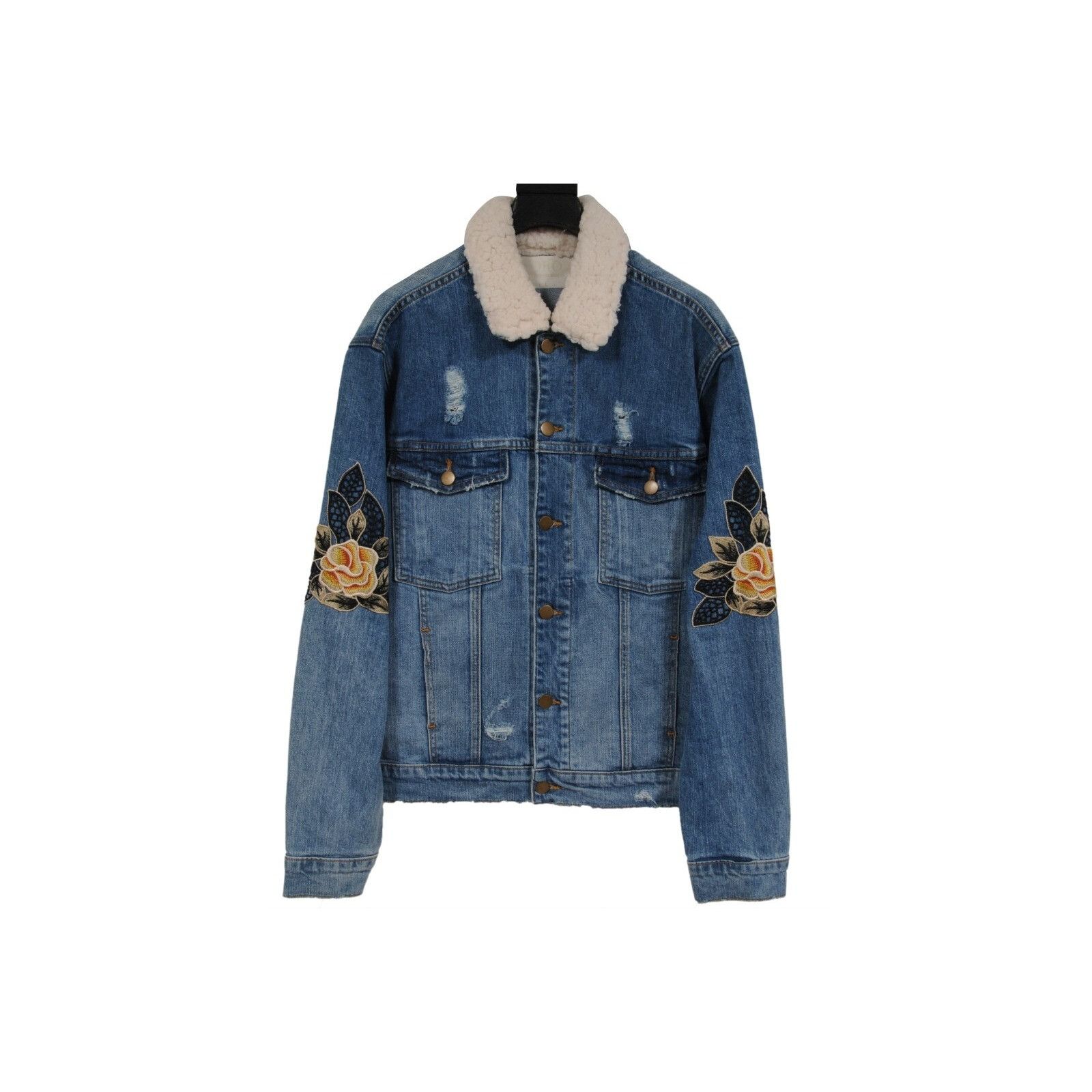 Oro Los Angeles Floral Embroidery Jean Denim Trucker Jacket Shearling Collar Size US L / EU 52-54 / 3 - 11 Thumbnail