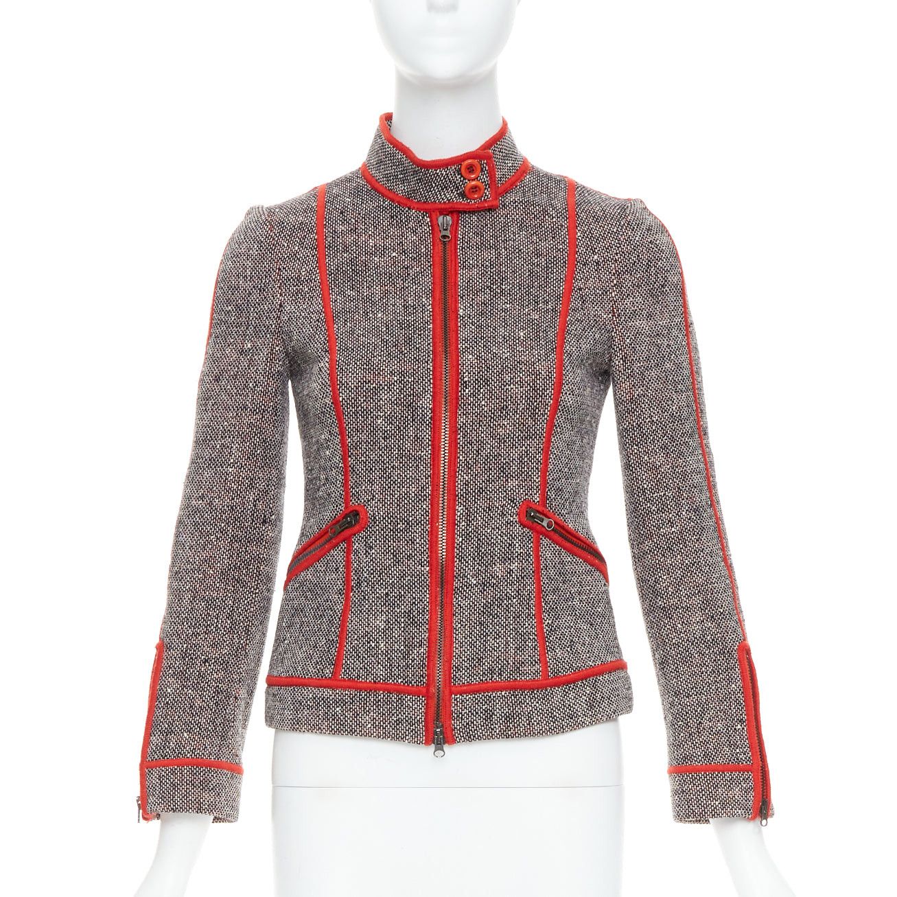 Moschino MOSCHINO CHEAP CHIC Vintage grey wool tweed red piping moto jacket IT38 XS Size XS / US 0-2 / IT 36-38 - 1 Thumbnail