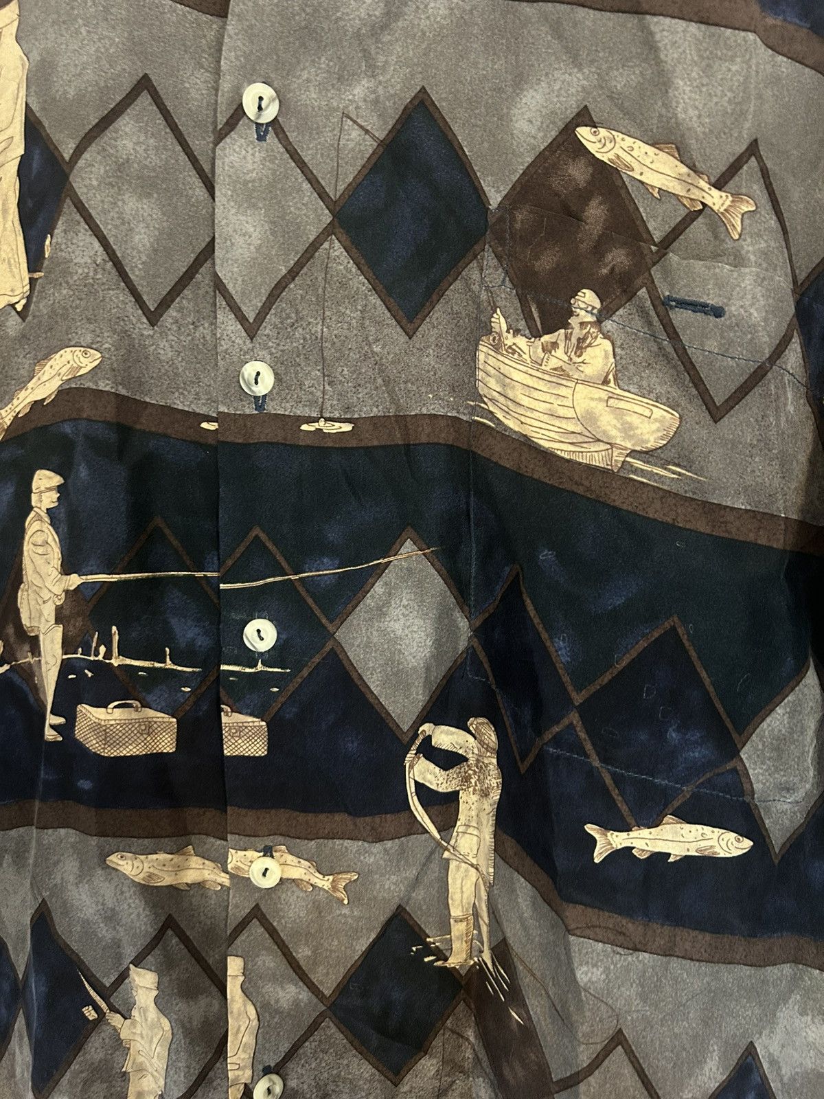 Fisherman print button up silk