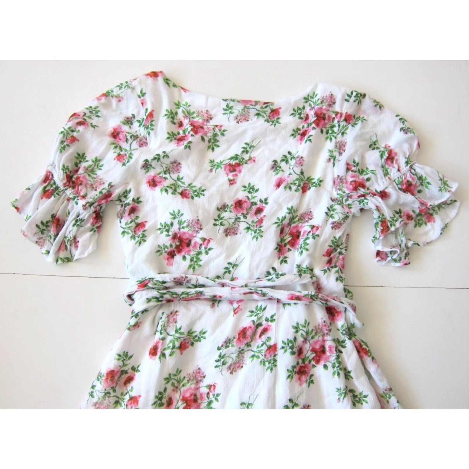 Madison Skylar + Madison Wrap Dress Shirt Womens Small Pink Floral Ruffle V-Neck Short Sleeve Size S / US 4 / IT 40 - 7 Thumbnail