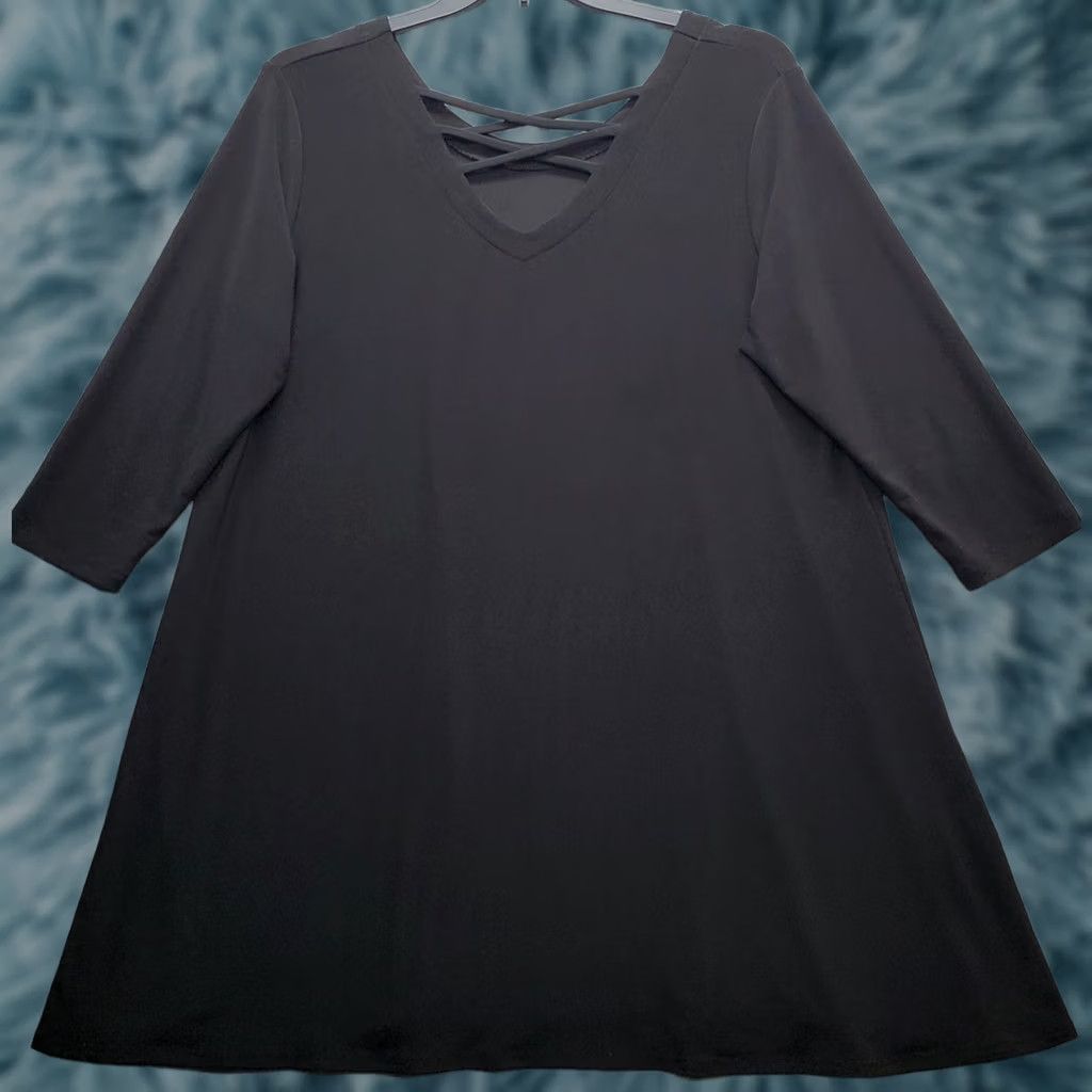 Vintage Sympli A-Line Dress Womens 16 Black Stretch 3/4 Sleeve Criss-Cross Strap Neck Dress Size XXL / US 16-18 / IT 52-54 - 1 Thumbnail